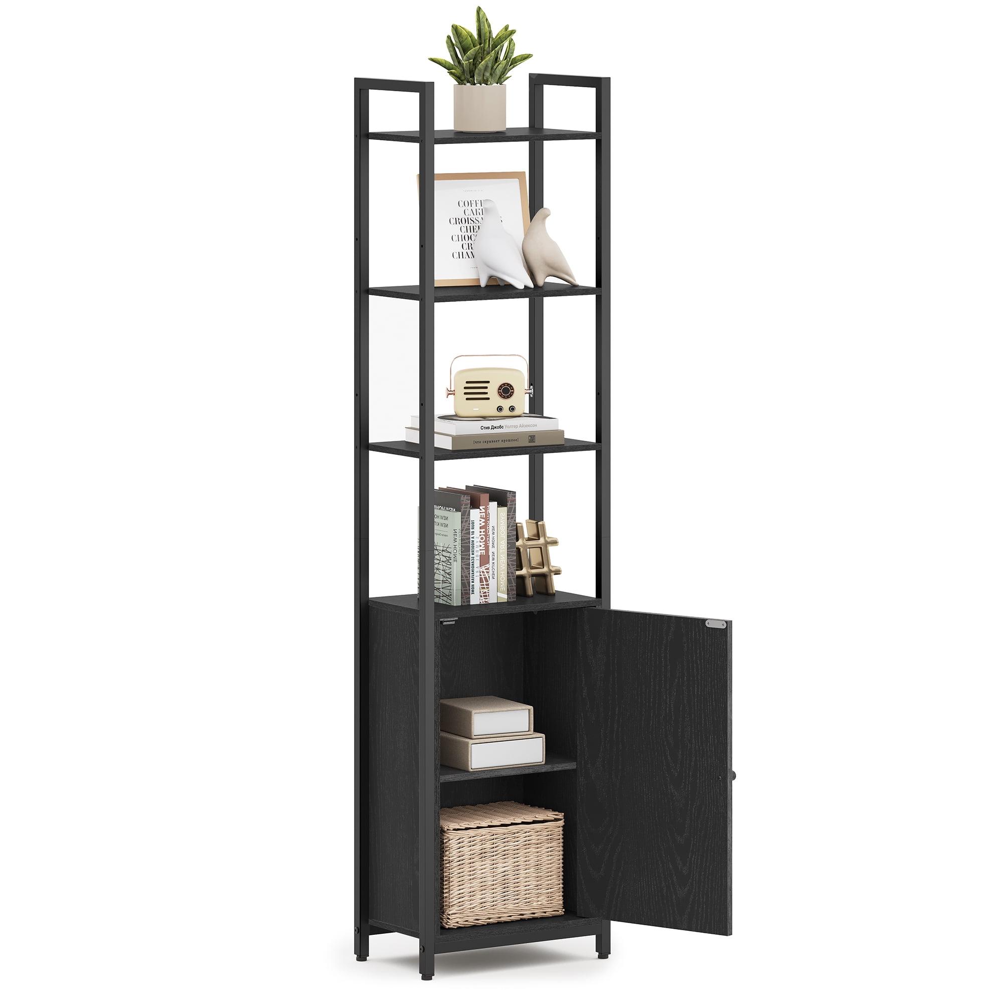 Black Modular 6-Tier Bookcase with Adjustable Shelves and Door