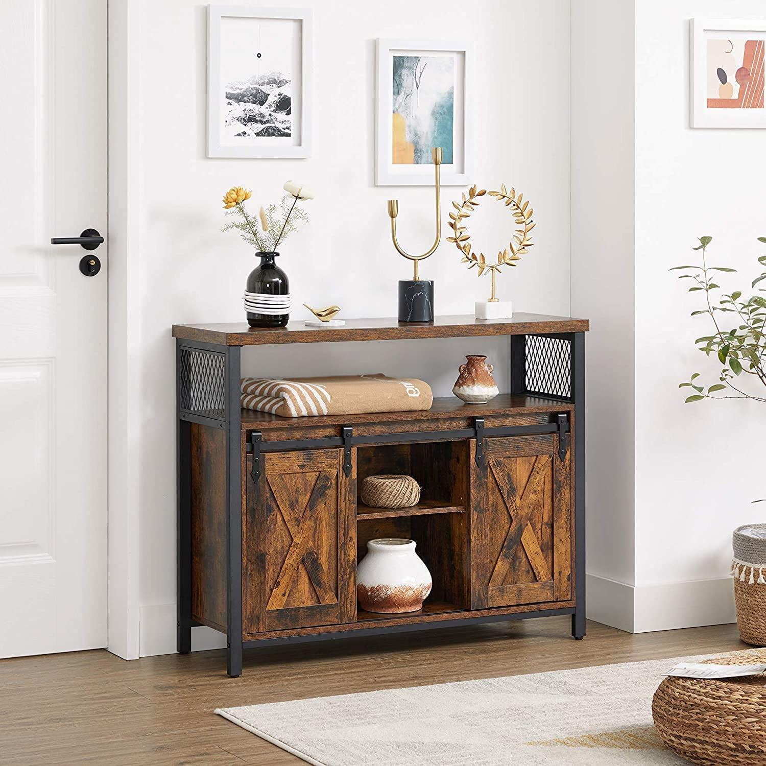 Rustic Brown and Black Sliding Barn Door Sideboard Cabinet