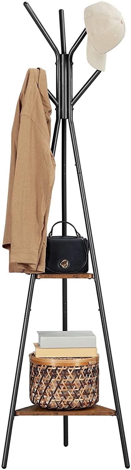 VASAGLE Coat Rack Freestanding Coat Hanger Stand Hall Tree with 2 Shelves for Clothes Hat Bag Rustic Brown and Black