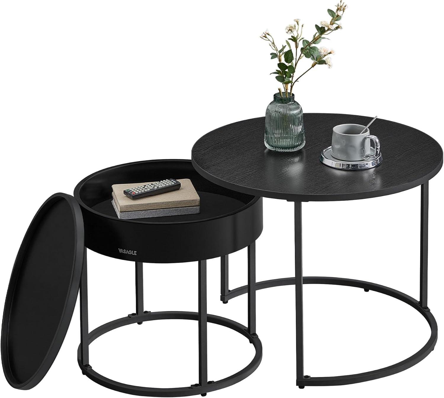 VASAGLE Round Coffee Tables, Set of 2 Nesting Tables, Modern Round Side Tables with Hidden Storage and Top Tray