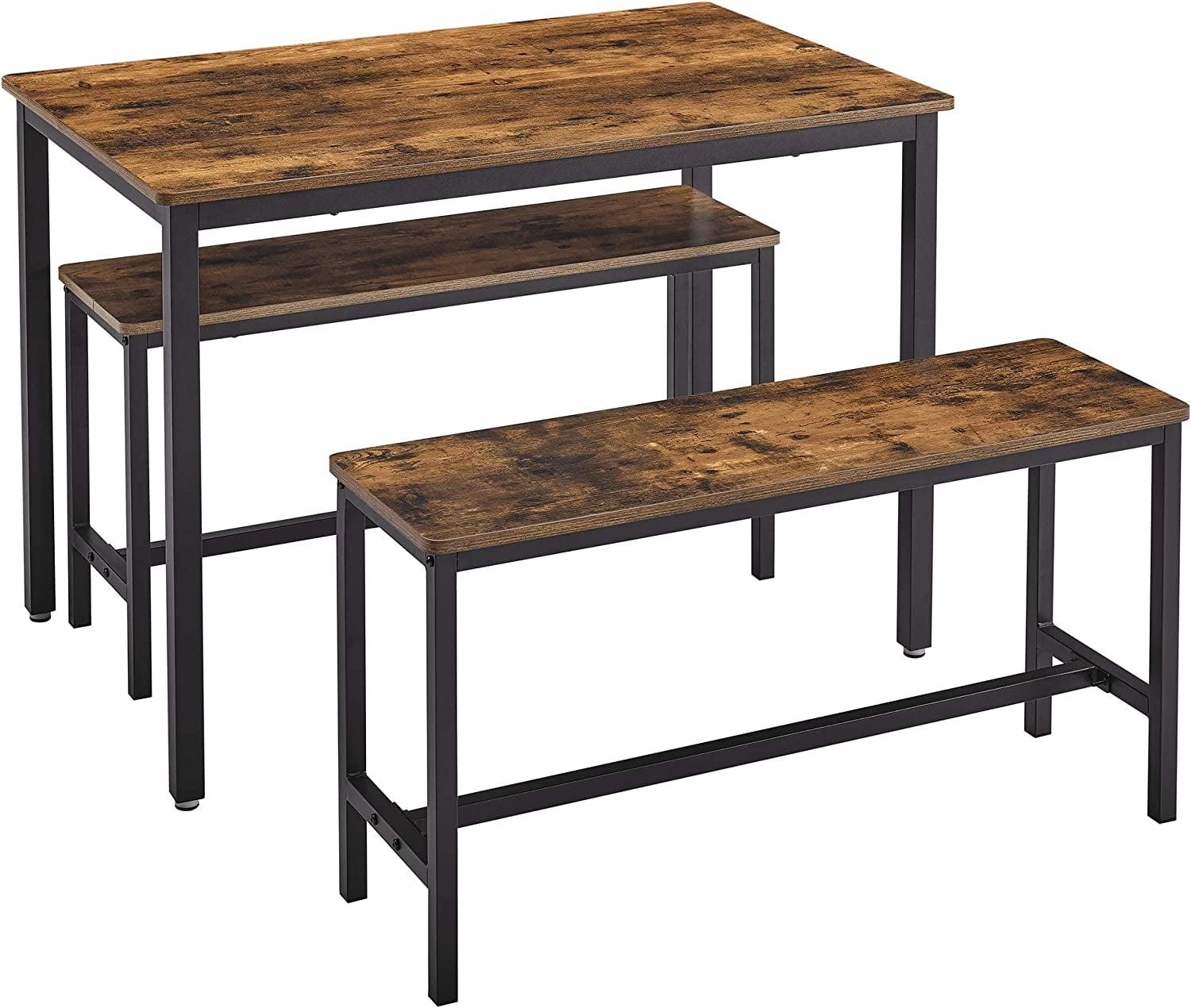 Rustic Brown and Black 3-Piece Dining Table Set with Benches