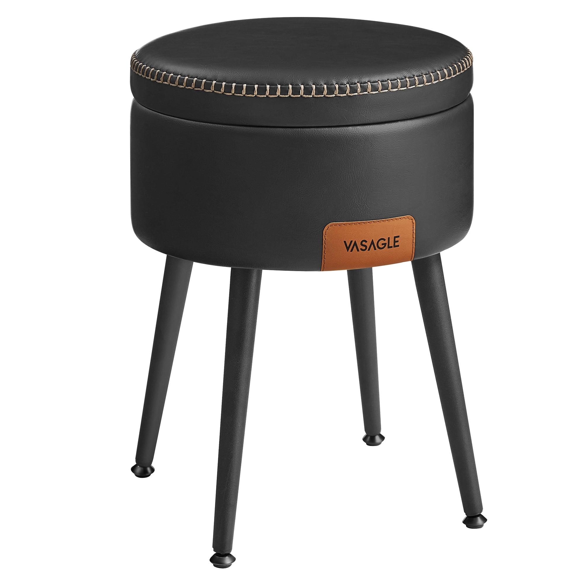 VASAGLE Ink Black Round Storage Ottoman Stool with Steel Legs