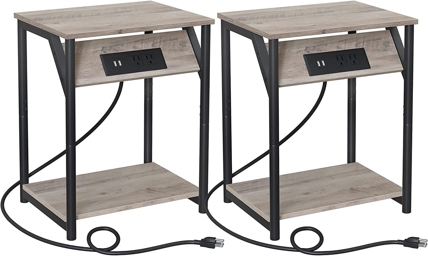 Greige and Black Metal End Tables with Charging Station, Set of 2