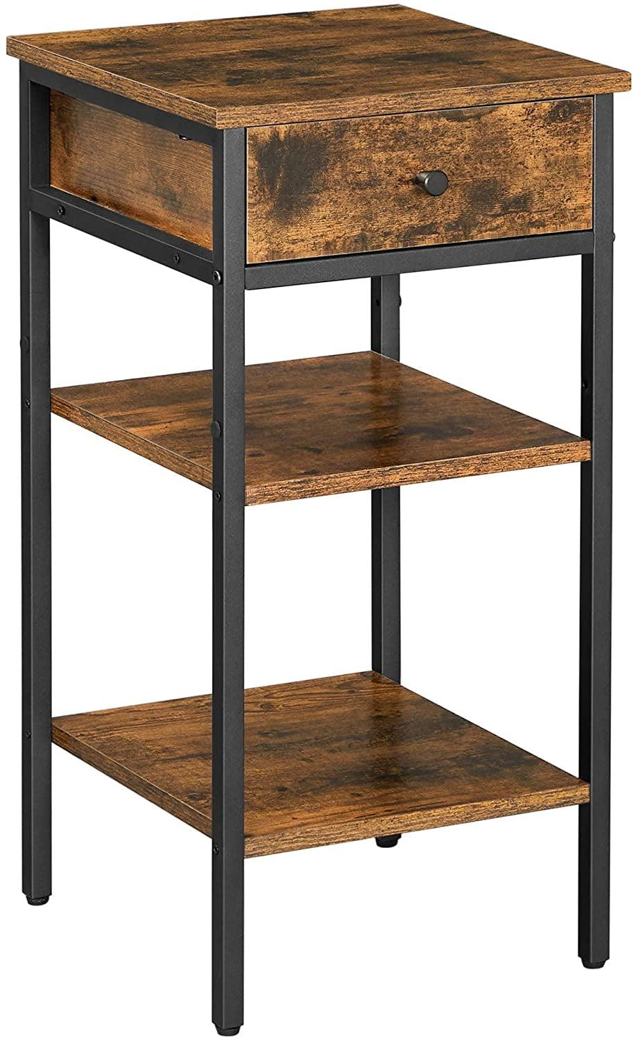 Rustic Brown and Black Industrial Nightstand with Drawer and Shelves