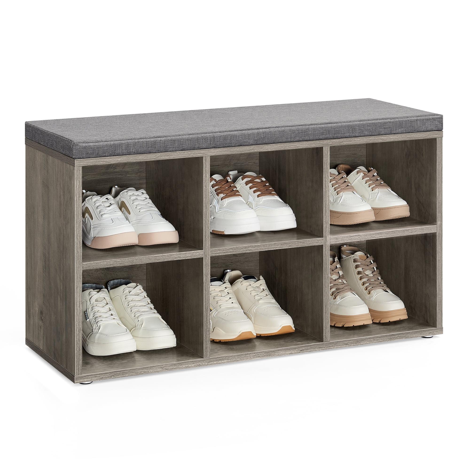 VASAGLE Shoe Bench, Shoe Storage Organizer with 6 Compartments and 3 Adjustable Shelves Cushioned Seat for Entryway Greige and Gray