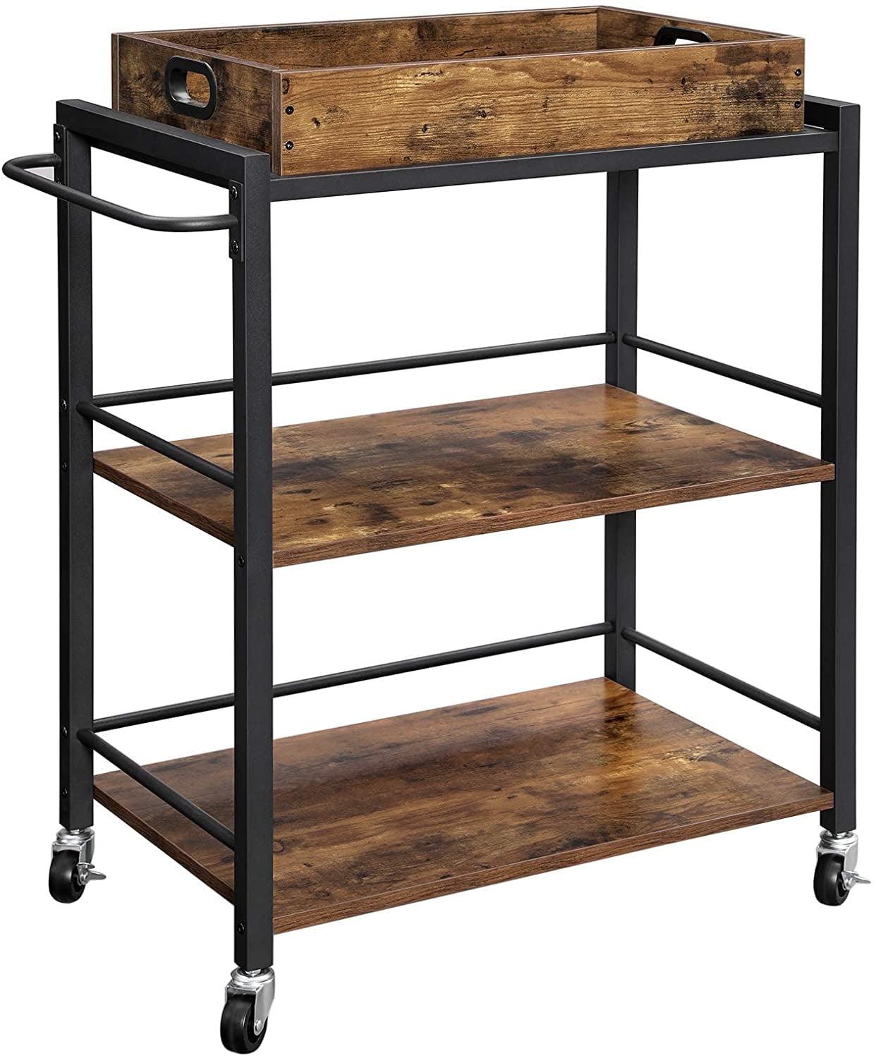 Rustic Brown and Black 3-Tier Industrial Bar Cart with Storage