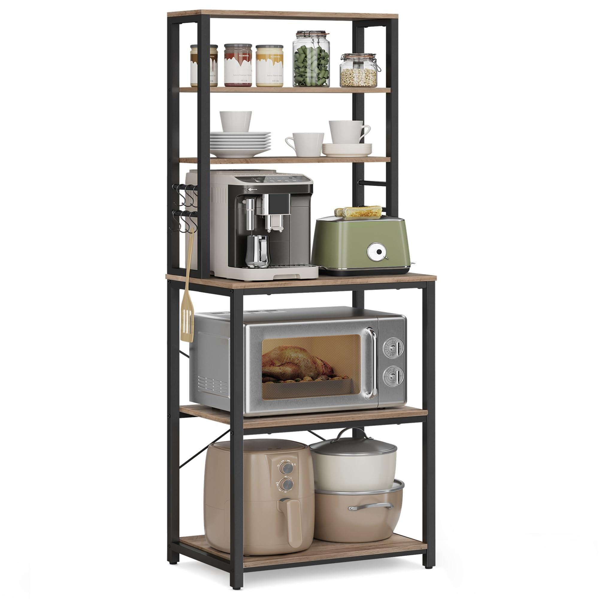 VASAGLE Baker's Rack Microwave Oven Stand Kitchen Tall Utility Storage Shelf 6 Hooks and Metal Frame