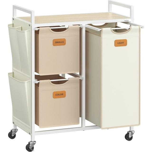 VASAGLE Laundry Hamper with 3 Compartments, 26.4 Gal. (100 L) Laundry Sorter, Rolling Laundry Cart with Shelves, Camel Brown and Cream White
