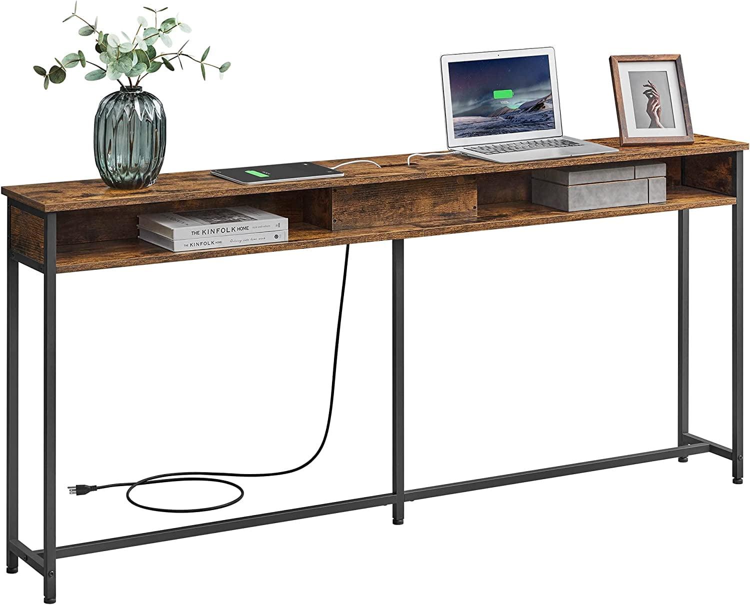 VASAGLE Narrow Console Table 70.9" with 2 Outlet and 2 USB Ports Sofa Table with Charging Station Long Entryway Table for Hallway Living Room Rustic Brown and Black