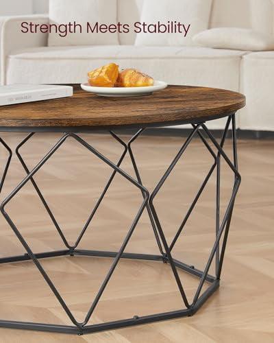 VASAGLE Round Coffee Table for Living Room, Cage Cocktail Table with Steel Frame, 31.5 Inches Dia., Industrial Style, Rustic Brown and Black ULCT040B01