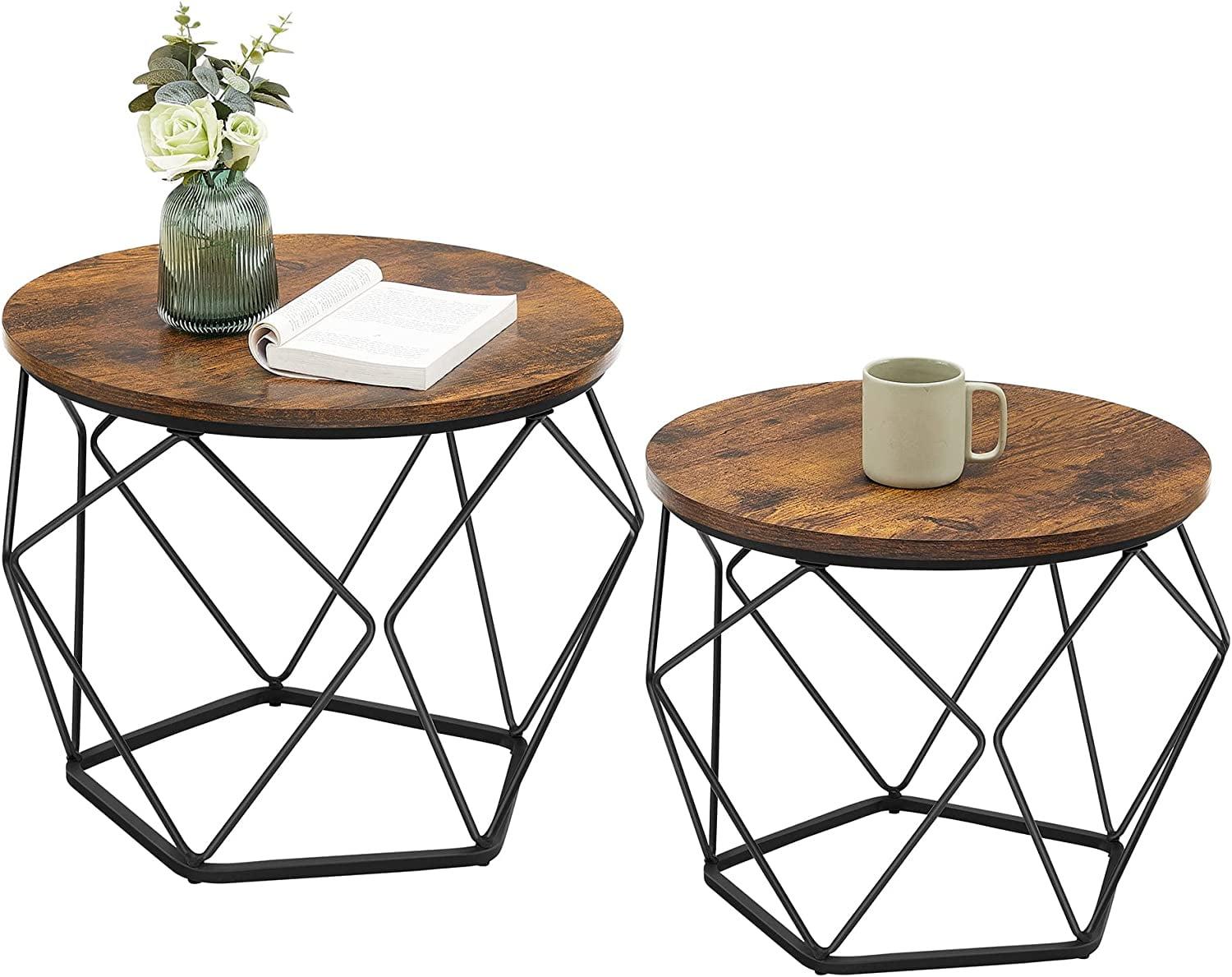 VASAGLE Round Coffee Table Set of 2 Living Room Tables Side End Table with Steel Frame for Bedroom Rustic Brown and Black