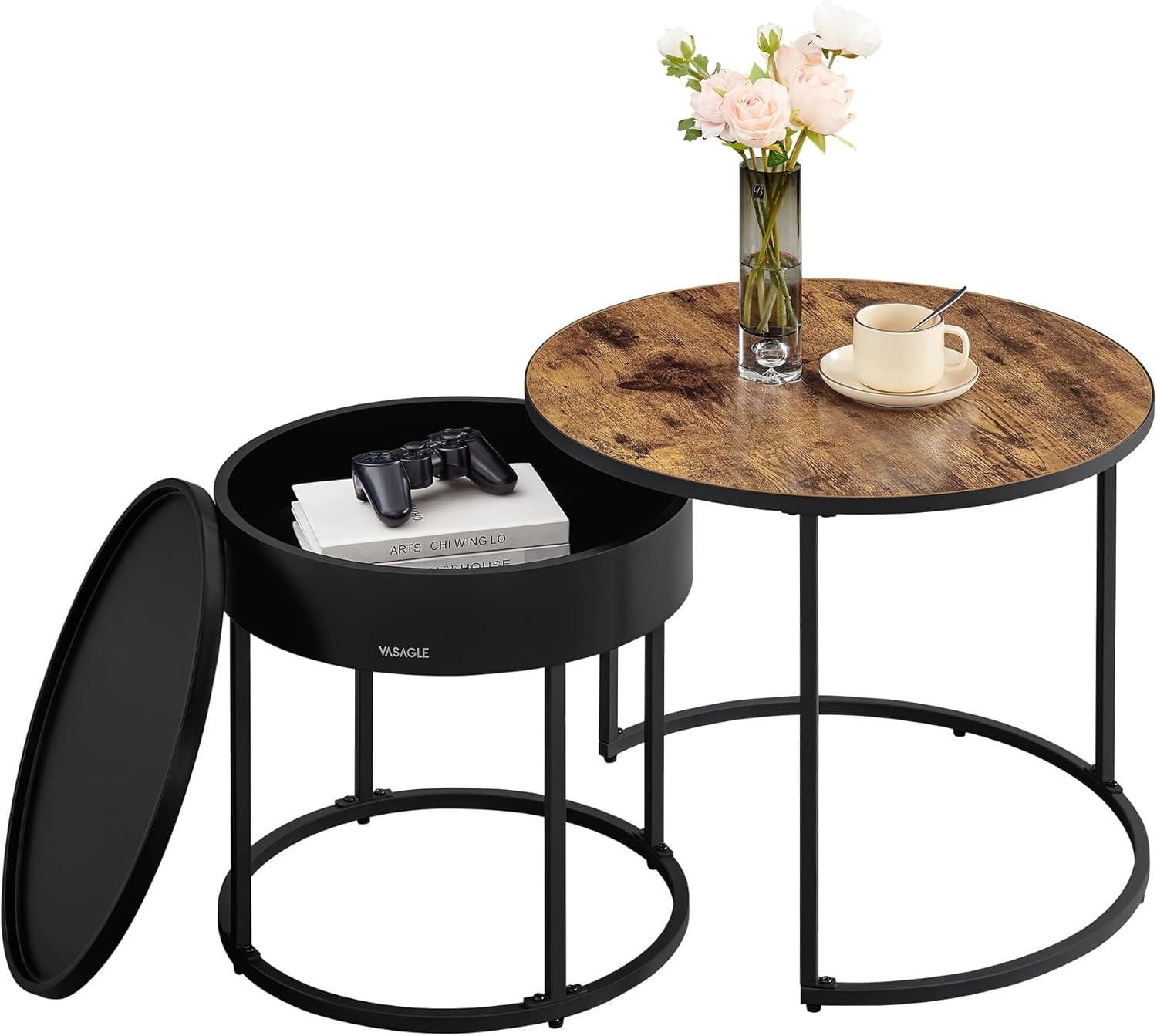 VASAGLE Round Coffee Tables, Set of 2 Nesting Tables, Modern Round Side Tables with Hidden Storage and Top Tray