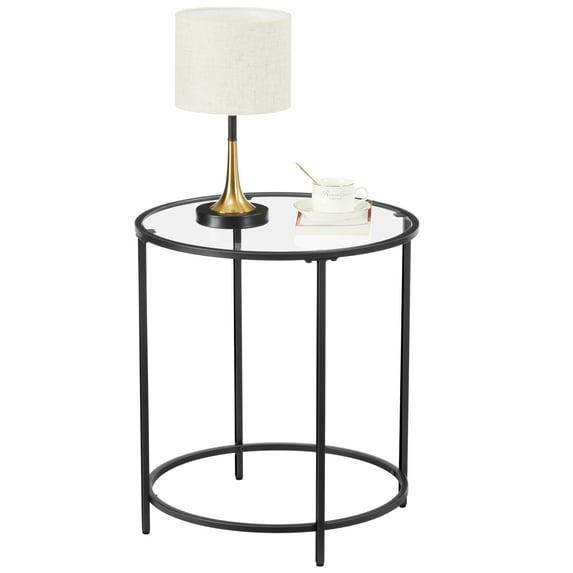 VASAGLE Round Side Table, Glass End Table with Metal Frame, Black Coffee Table with Modern Style Black
