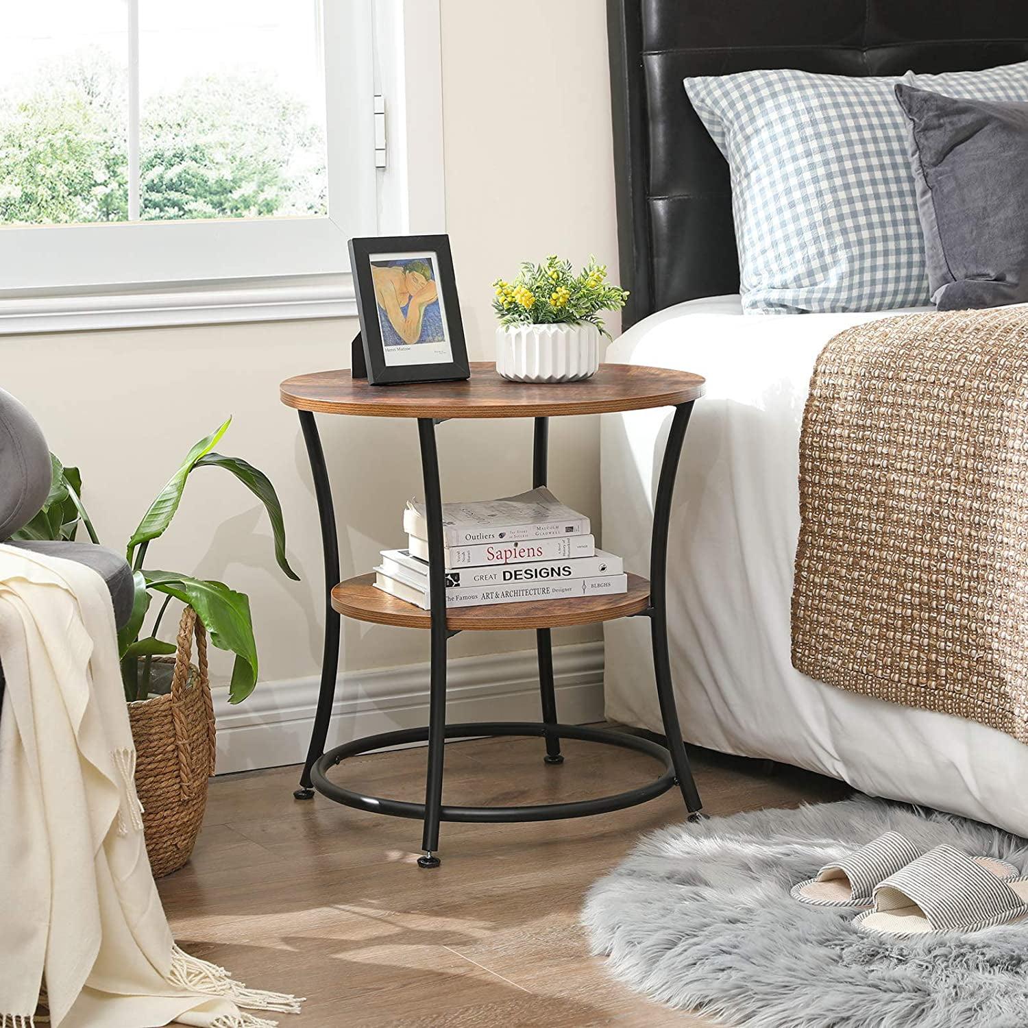 Rustic Brown Round Wood and Metal Side Table with Shelves