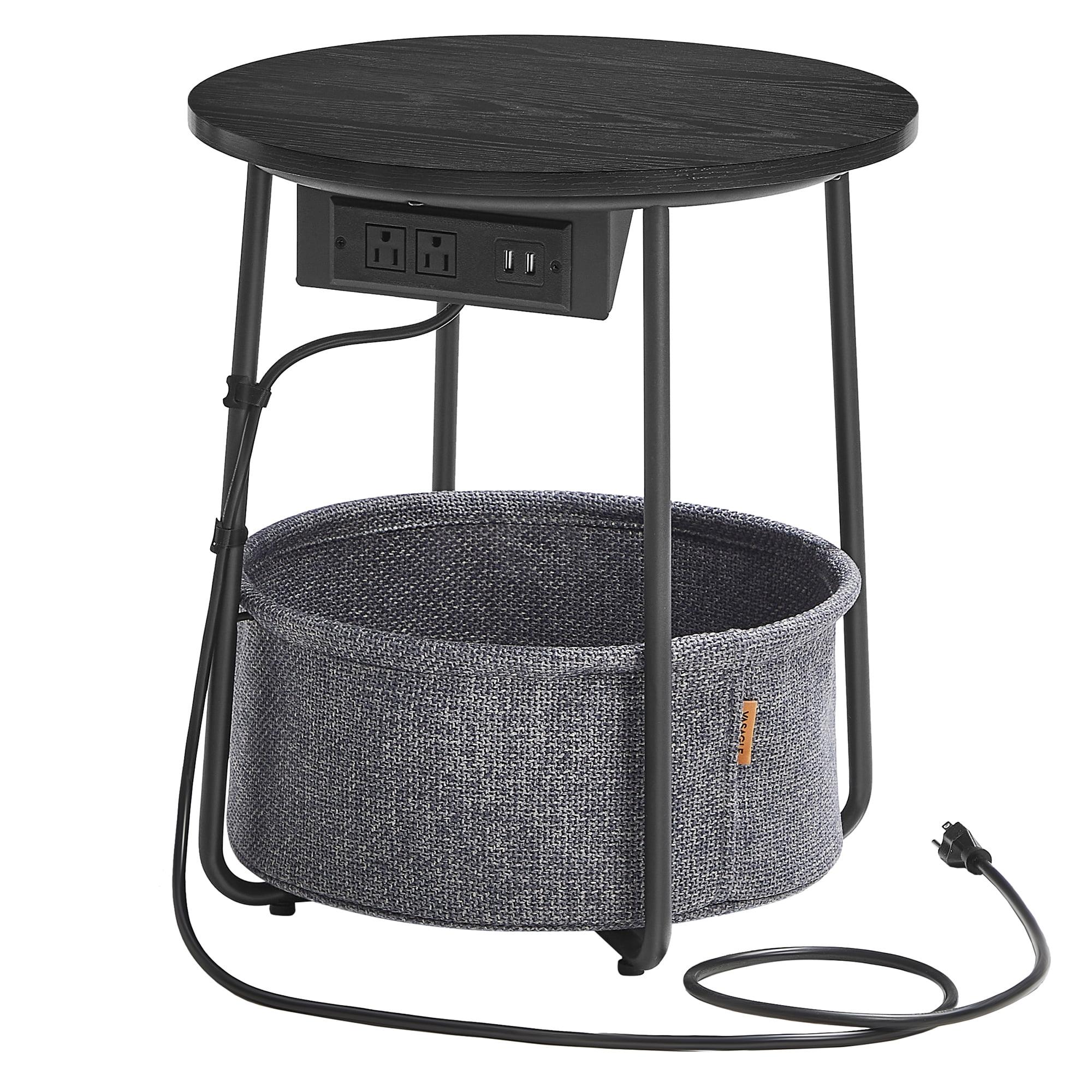 VASAGLE Side Table with Charging Station, Round End Table With Fabric Basket, Nightstand with Power Outlets USB Ports Ebony Black and Slate Gray