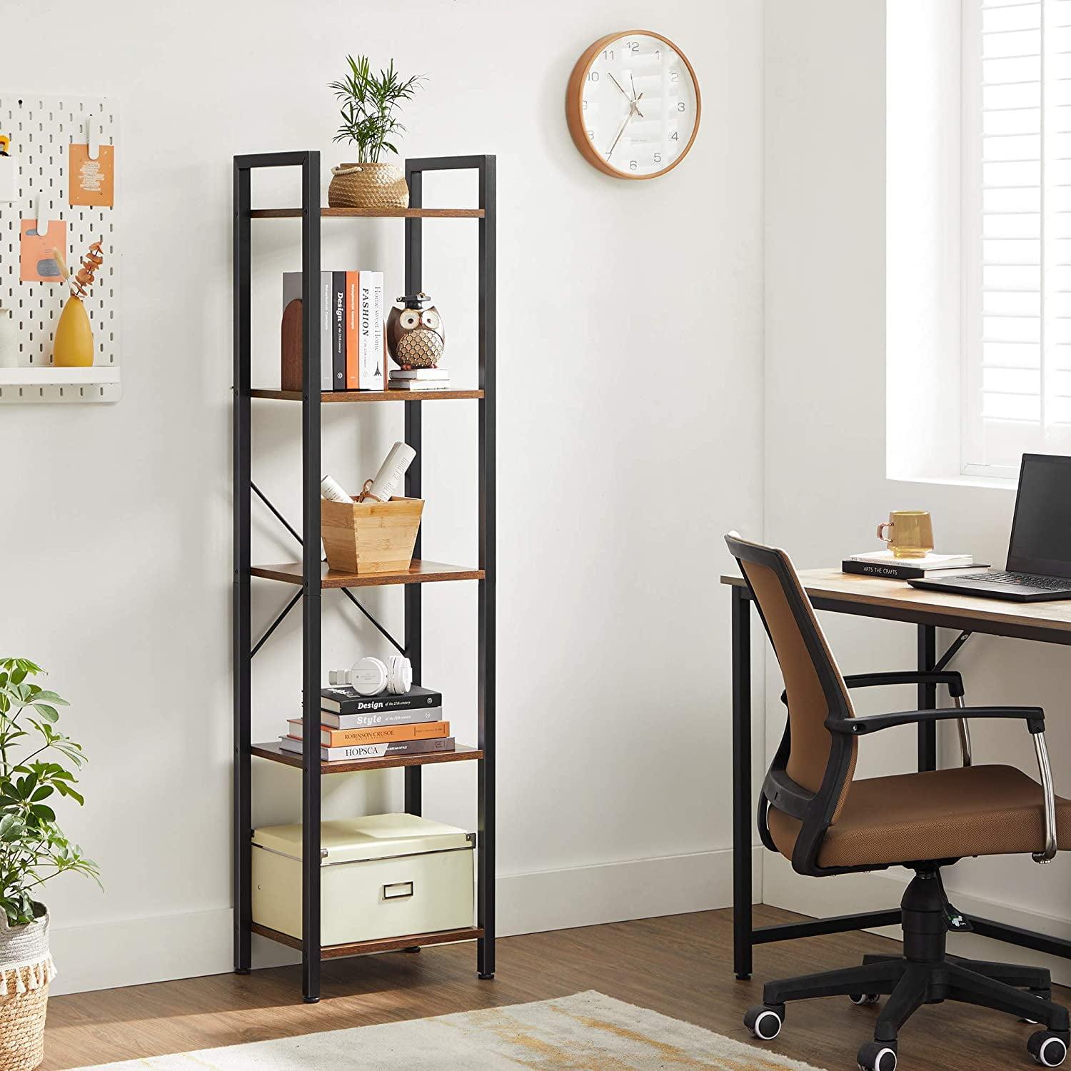 VASAGLE 5-Tier Rustic Brown and Black Steel Bookshelf