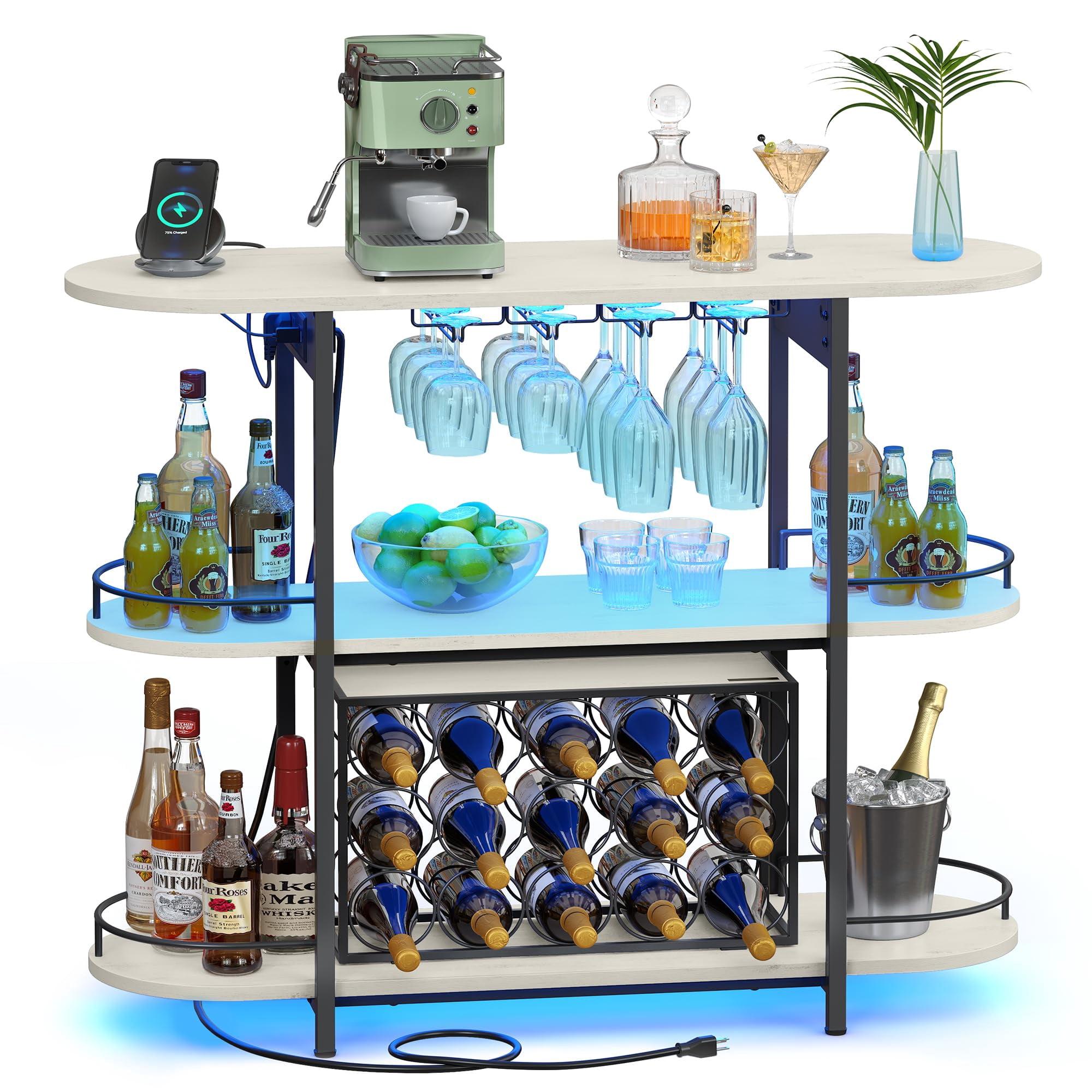 Bar Cabinets for Home, LED Coffee Bar, Home Mini Bar for Liquor, Freestanding Wine Rack with Glass Holder, Rustic White