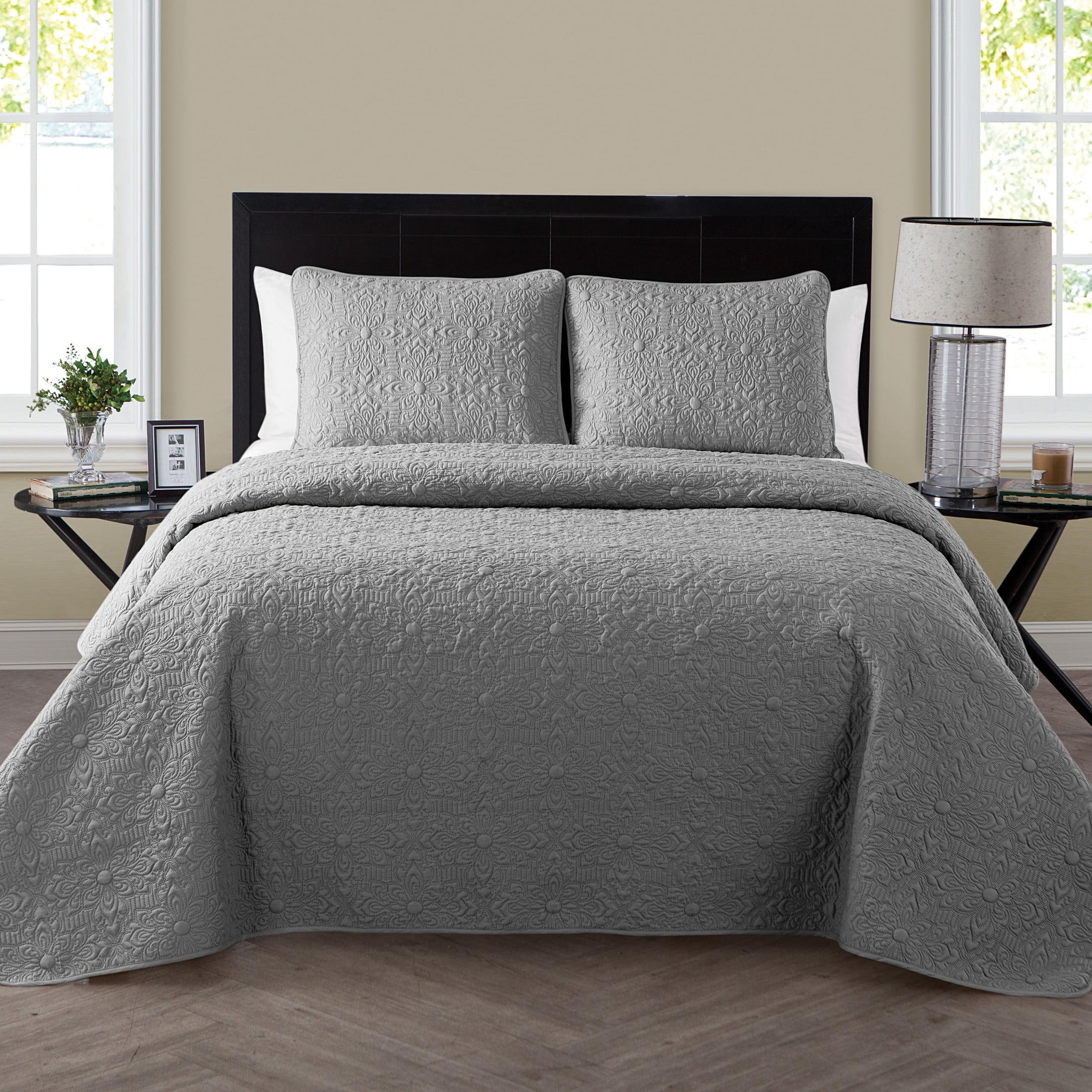 Gray Twin Microfiber Embossed Floral Quilt Set