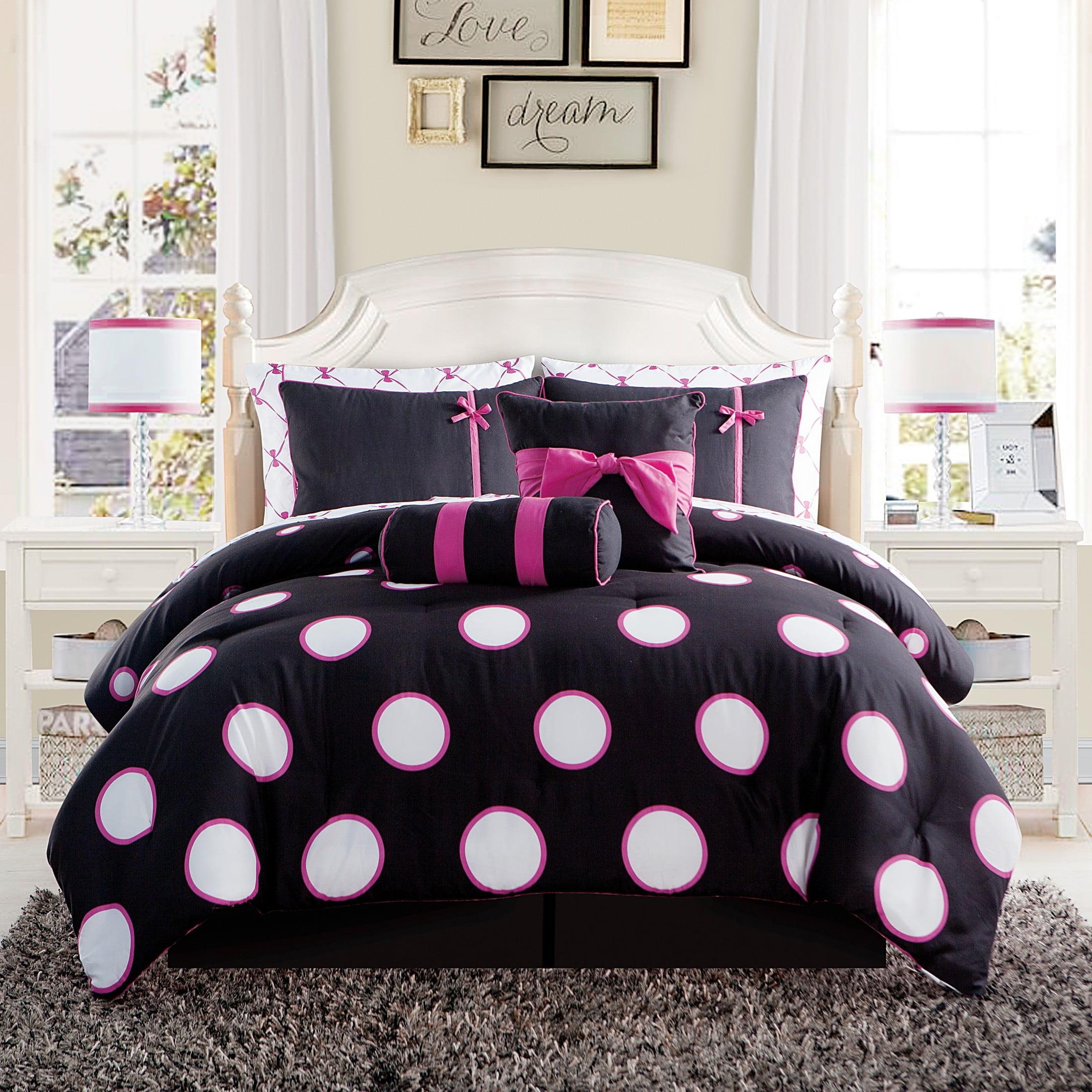 VCNY Home Kids' Sophie 8-Piece Black/Pink Polka Dot Polyester Bed in a Bag, Twin, Girls