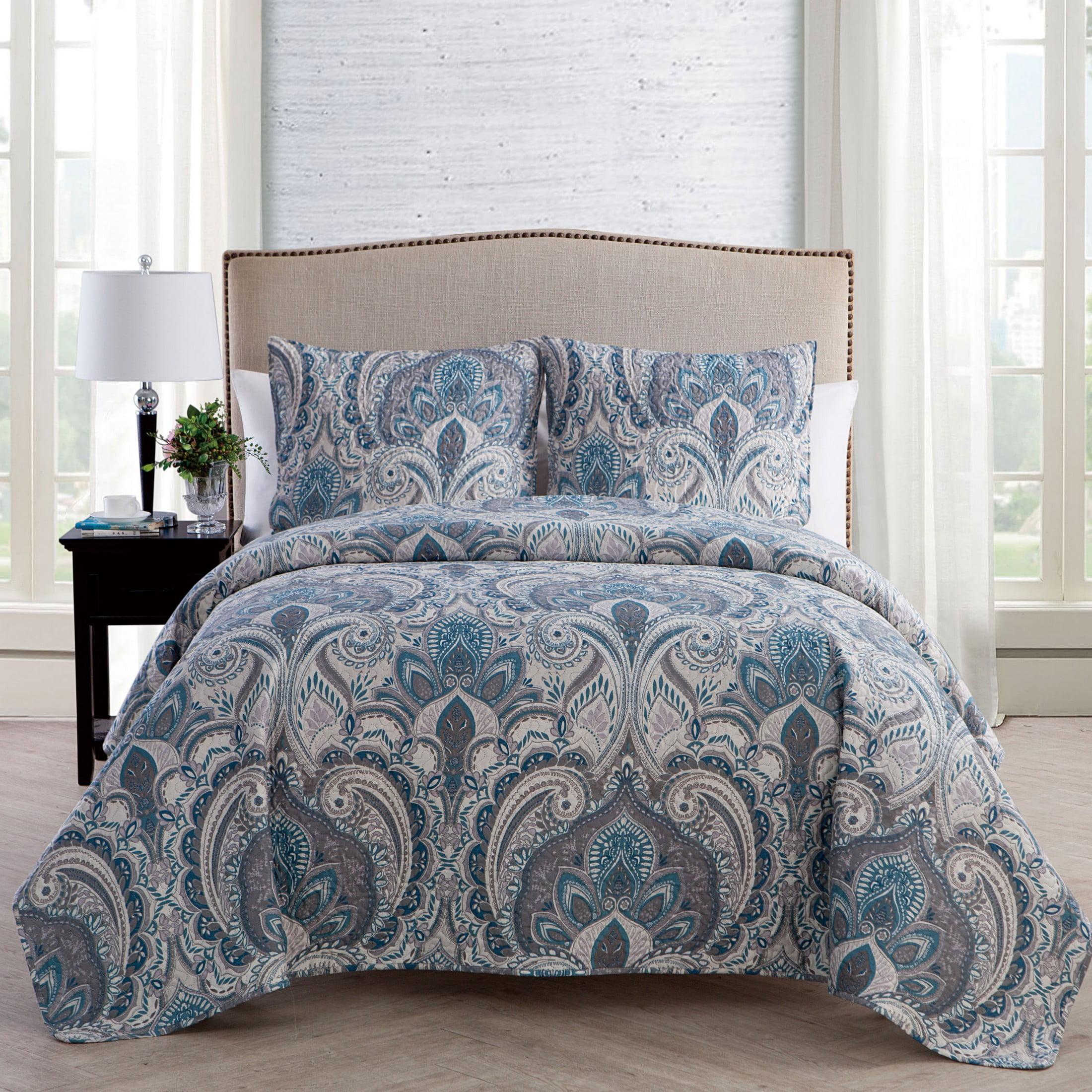 Lawrence Blue Microfiber Reversible Full Quilt Set