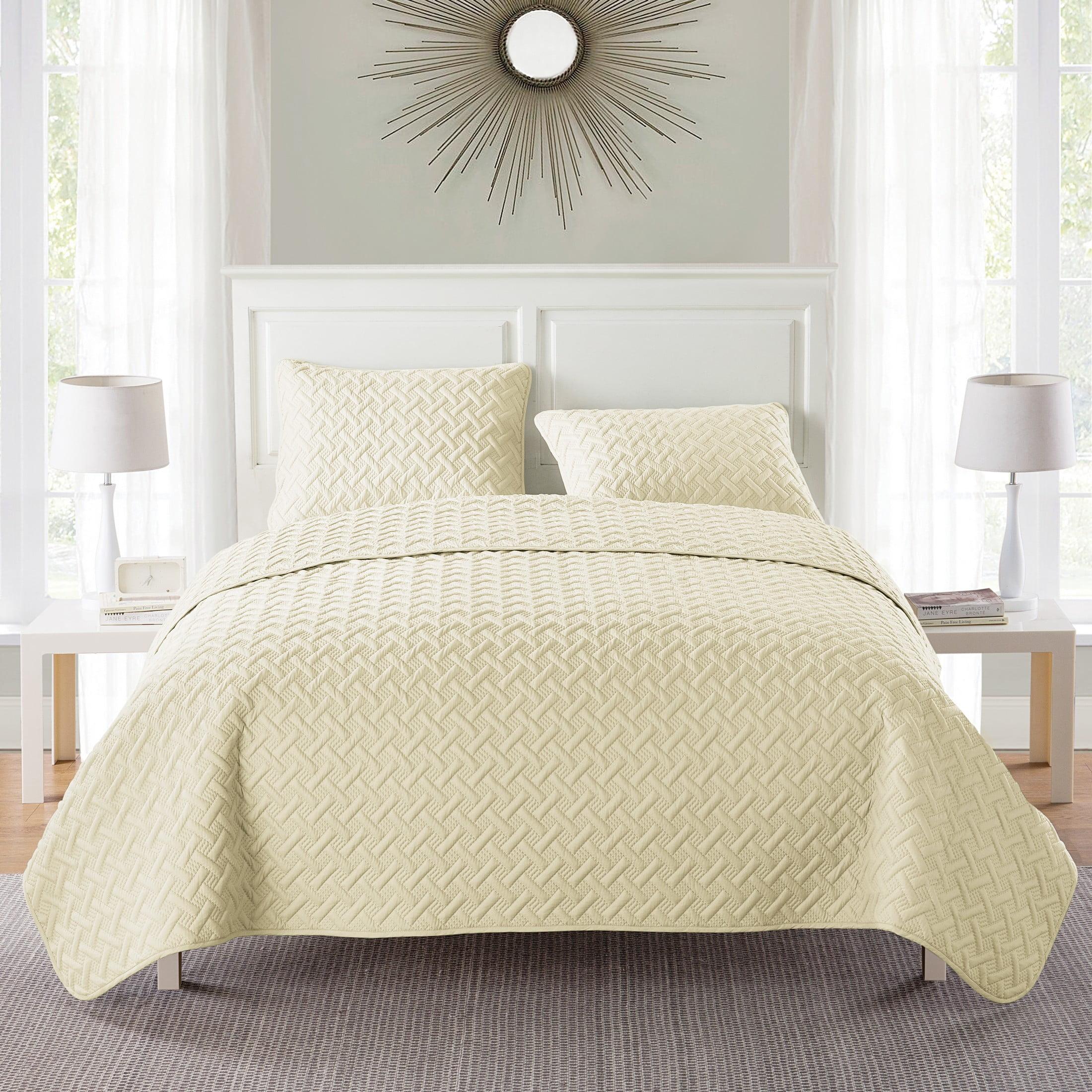 Ivory King Microfiber Reversible Basketweave Quilt Set