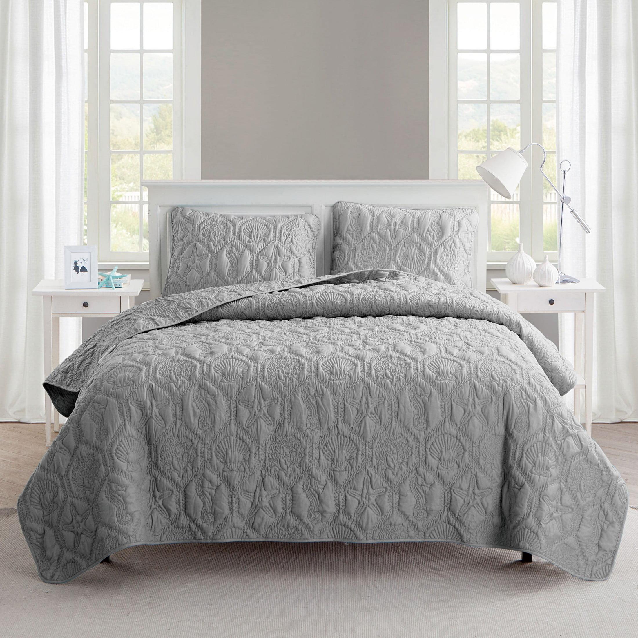 Gray King Reversible Microfiber Quilt Set with Embossed Design