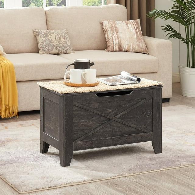 VECELO 30" Storage Ottoman Wooden Bench with Wicker-Knot Cushions Toy Box Organizer with Safety Hinges Charcoal Gray