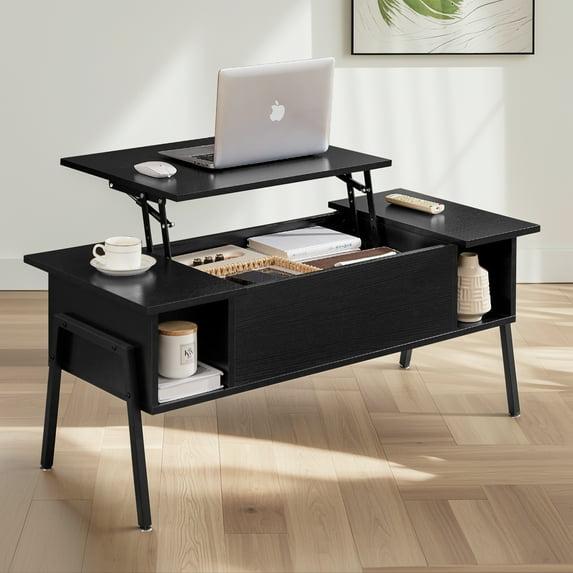 VECELO 42 Inch Lift Top Coffee Table with Metal Legs, Rising Center Table w/Hidden Compartment and 2 Storage Shelves, Black