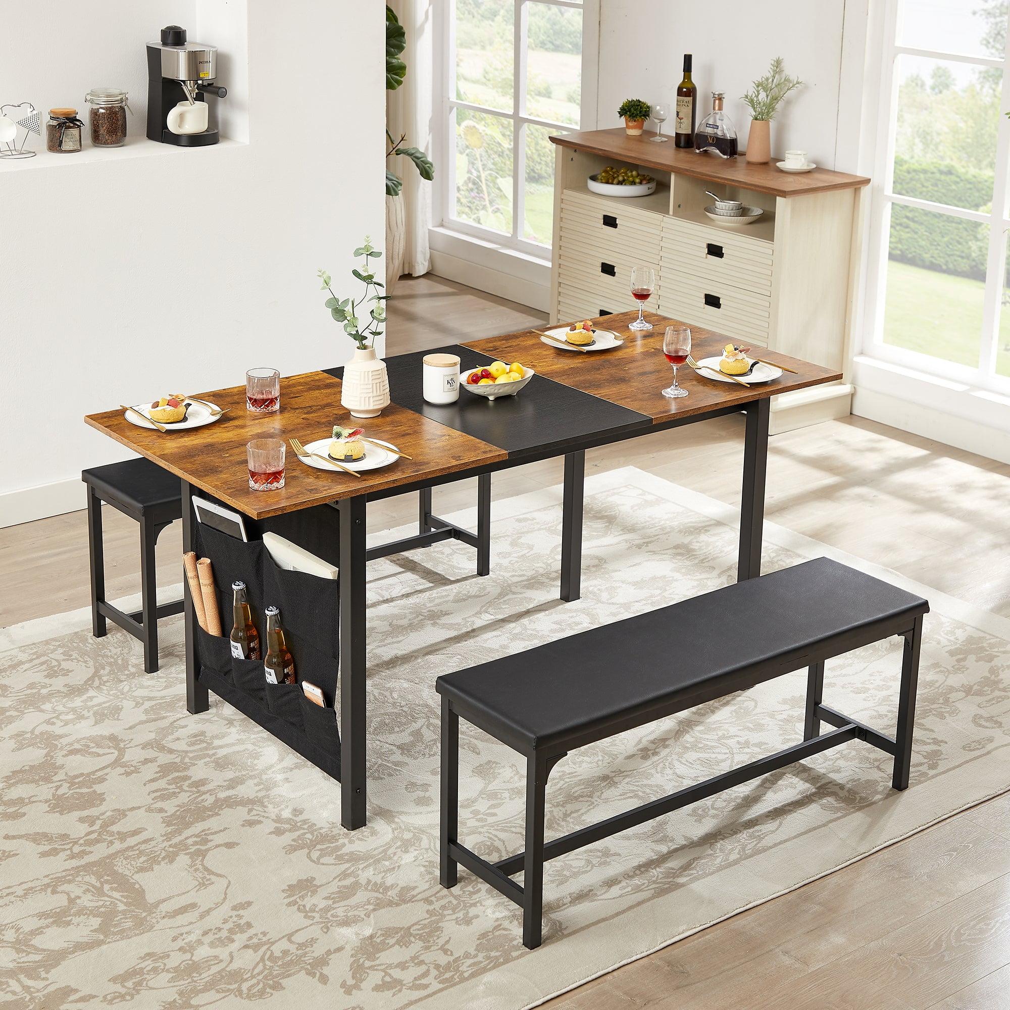 63'' Brown Extendable Dining Table Set with Black Metal Frame and Benches