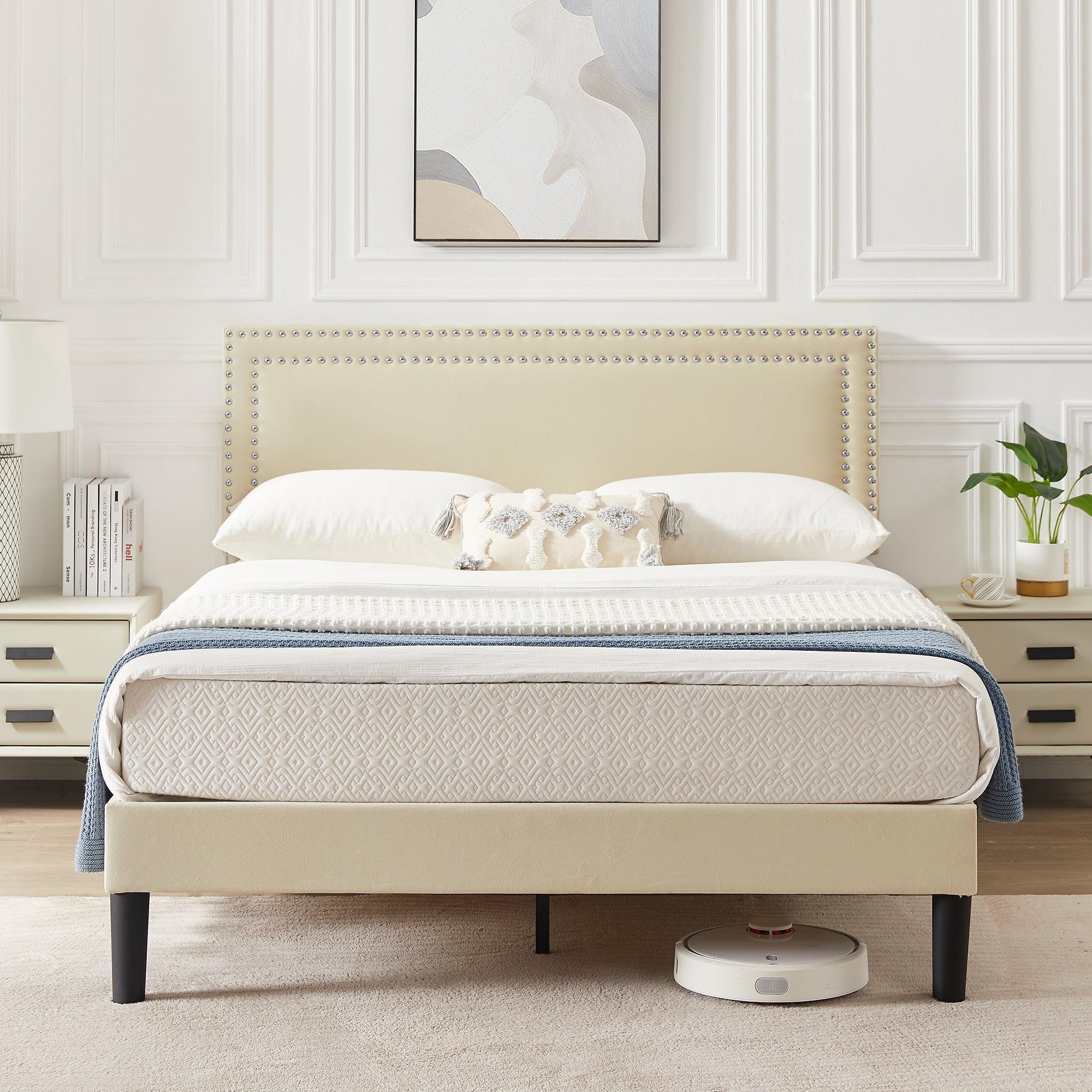 Katkuca Queen Bed Frame, Upholstered Queen Size Platform Bed Frame with Adjustable Headboard, Strong Wood Slat Support, No Box Spring Needed, Beige