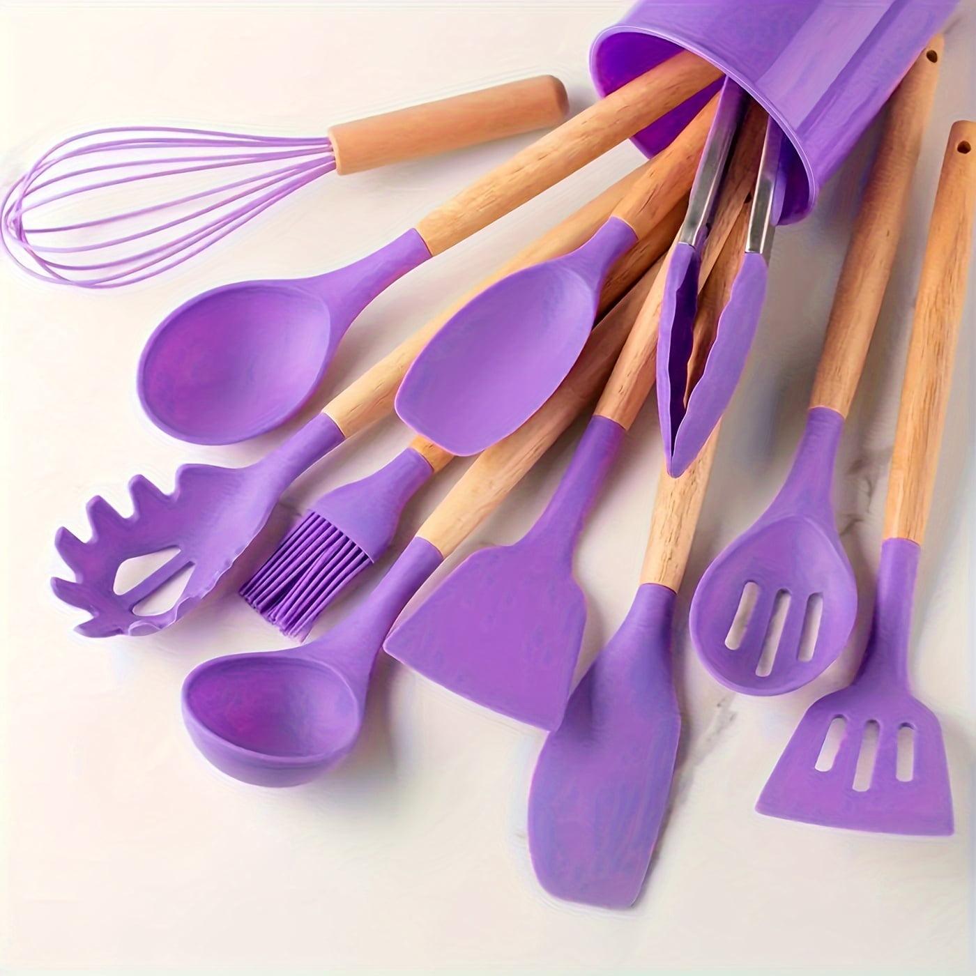 12-Piece Purple Silicone Kitchen Utensils Set with Wooden Handles