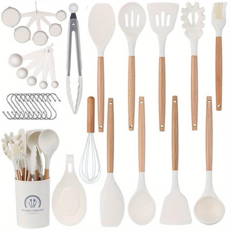 Cream White 33-Piece Silicone and Wood Cooking Utensil Set