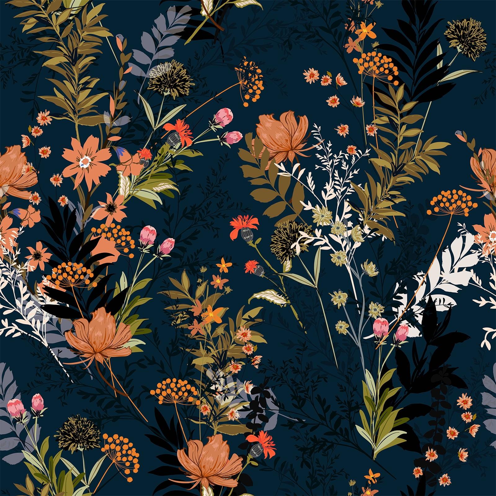 VEELIKE Midnight Blue Meadow Floral Peel and Stick Wallpaper Wildflowers Floral Wallpaper 17.7x354'' Dark Blue Contact Paper for Cabinets Shelves Drawers Removable Wallpaper for Bedroom Bathroom Walls