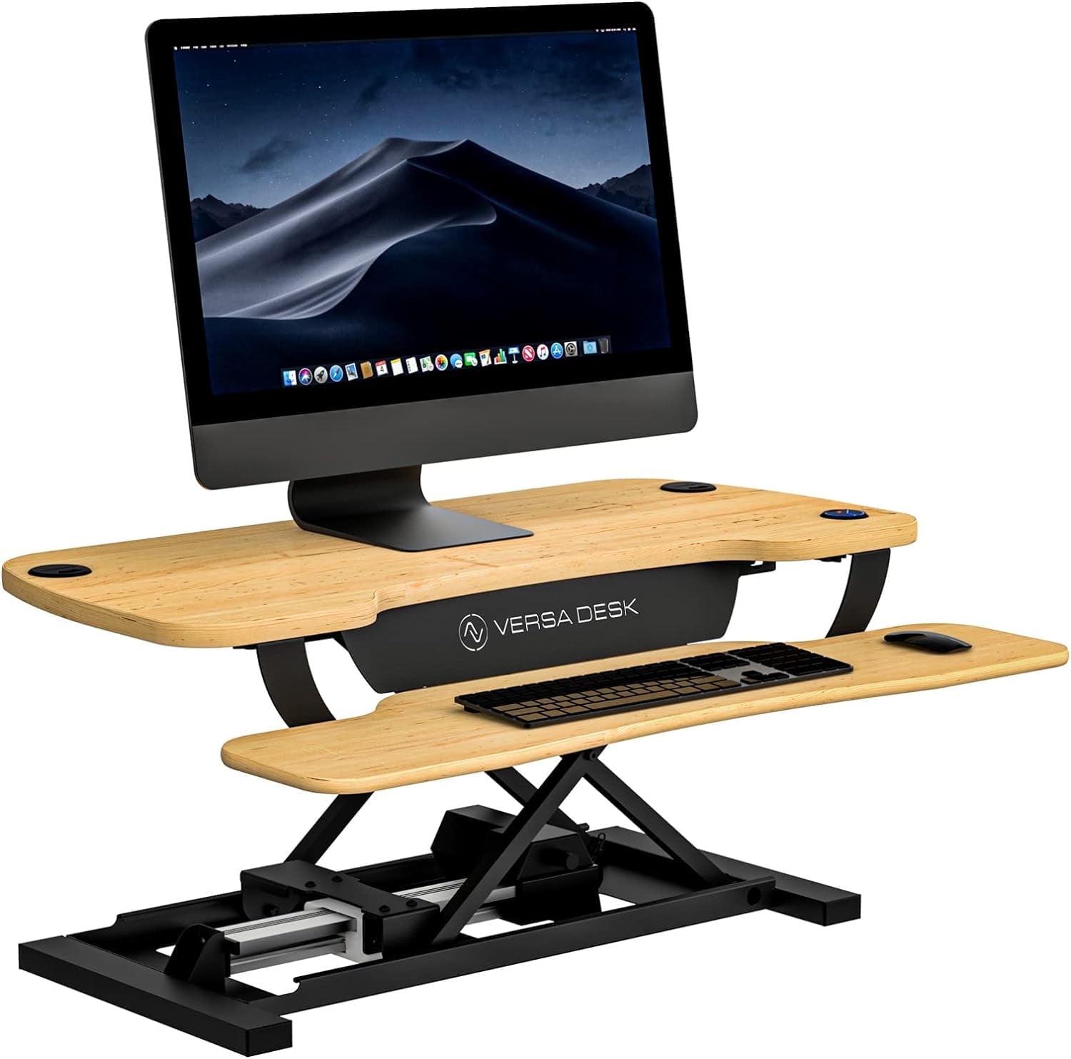 VersaDesk PowerPro 36" x 24" Electric Height Adjustable Standing Desk Converter for Home and Office, Maple, w/ USB Charging Port