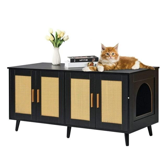 VEVOR Cat Litter Box Enclosure for 2 Cats, Litter Box Furniture Hidden with Rattan Decorated Doors, Wooden Cat Box Cabinet, Black