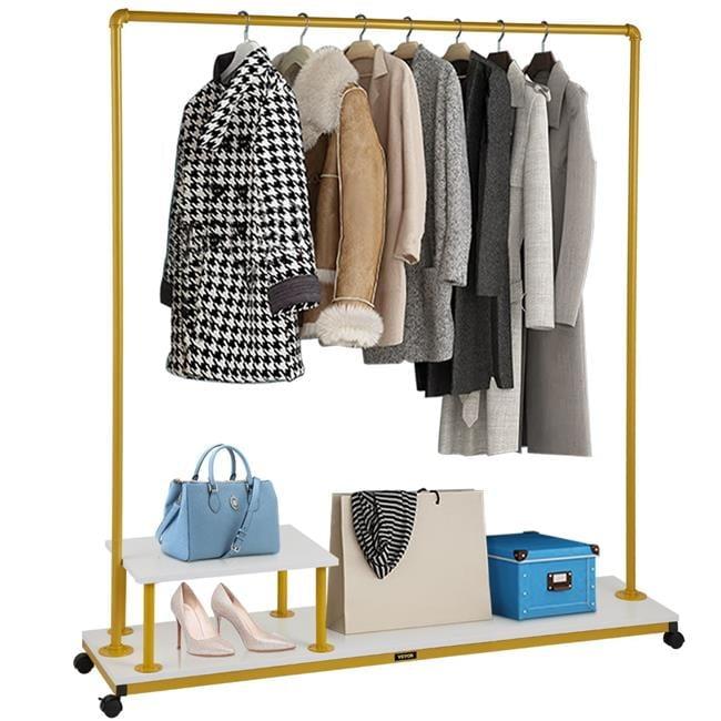 Gold and White Portable Rolling Garment Rack with Wood Shelves