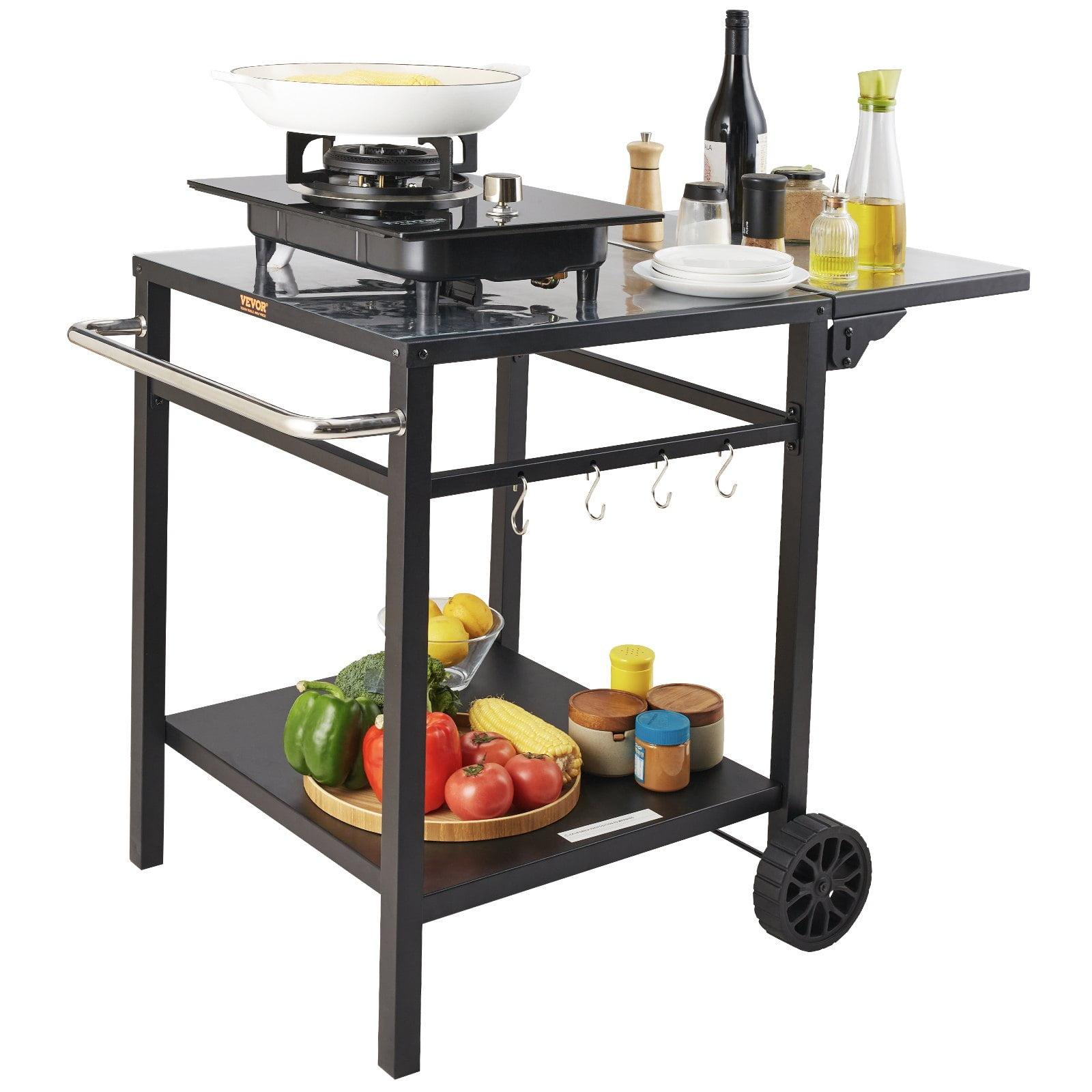 VEVOR Outdoor Grill Dining Cart with Double-Shelf, BBQ Movable Food Prep Table, Multifunctional Iron Table Top, Portable Modular Carts for Pizza Oven