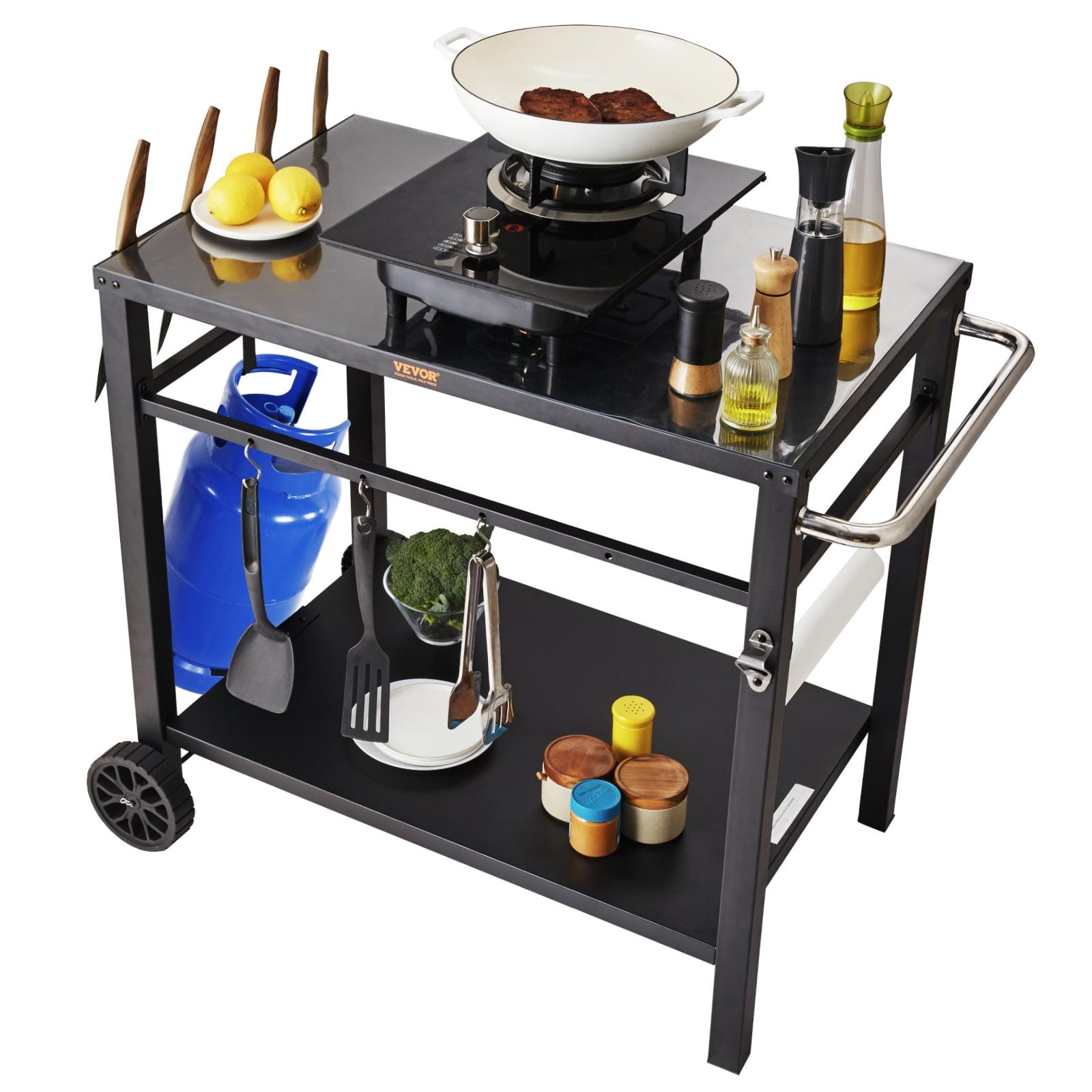 VEVOR Outdoor Grill Dining Cart with Double-Shelf, BBQ Movable Food Prep Table, Multifunctional Iron Table Top, Portable Modular Carts for Pizza Oven