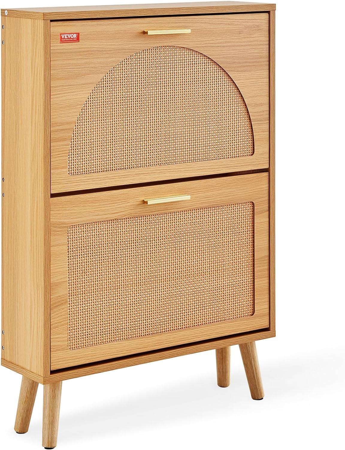 Natural Wood and Rattan 2-Drawer Shoe Cabinet