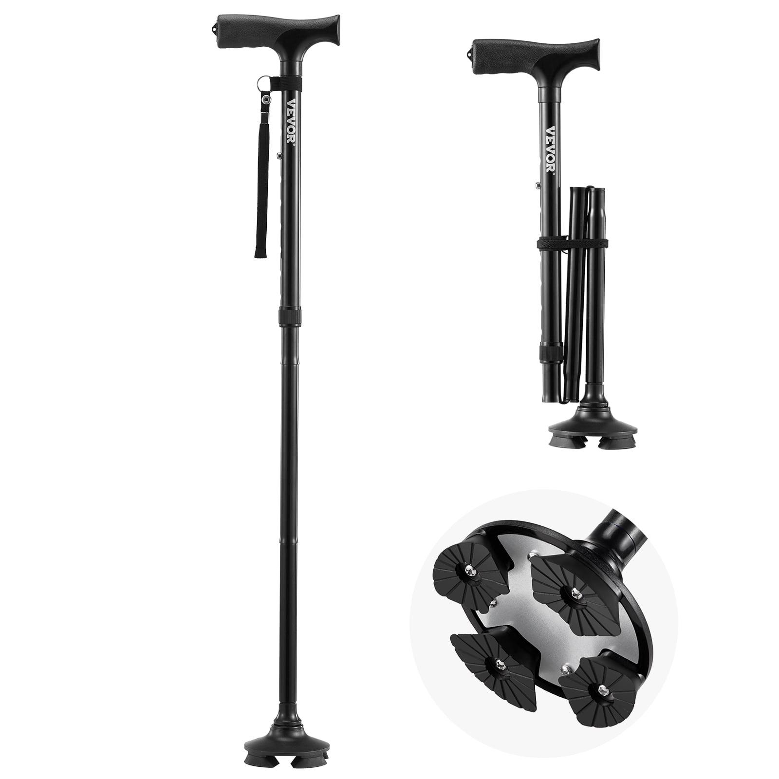 VEVOR Walking Cane for Man Woman, Folding Walking Stick with 8-Level Adjustable Height, 4-Pronged Pivoting Base, Lightweight & Portable Aluminum Mobility Aid for Seniors Adults, 250LBS Loading(Black)
