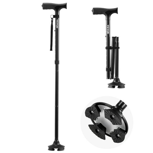 VEVOR Walking Cane for Man Woman, Folding Walking Stick with 8-Level Adjustable Height, 4-Pronged Pivoting Base, Lightweight & Portable Aluminum Mobility Aid for Seniors Adults, 250LBS Loading(Black)