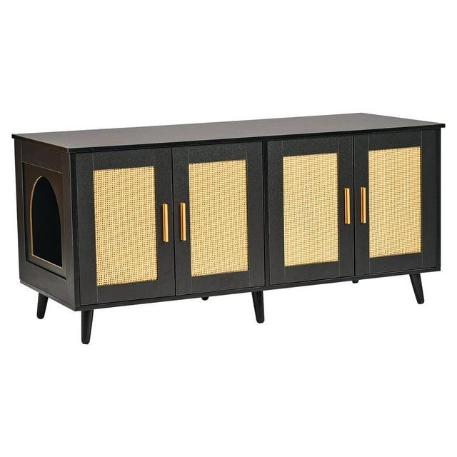 VEVOR Cat Litter Box Enclosure for 2 Cats, Litter Box Furniture Hidden with Rattan Decorated Doors, Wooden Cat Box Cabinet, Black