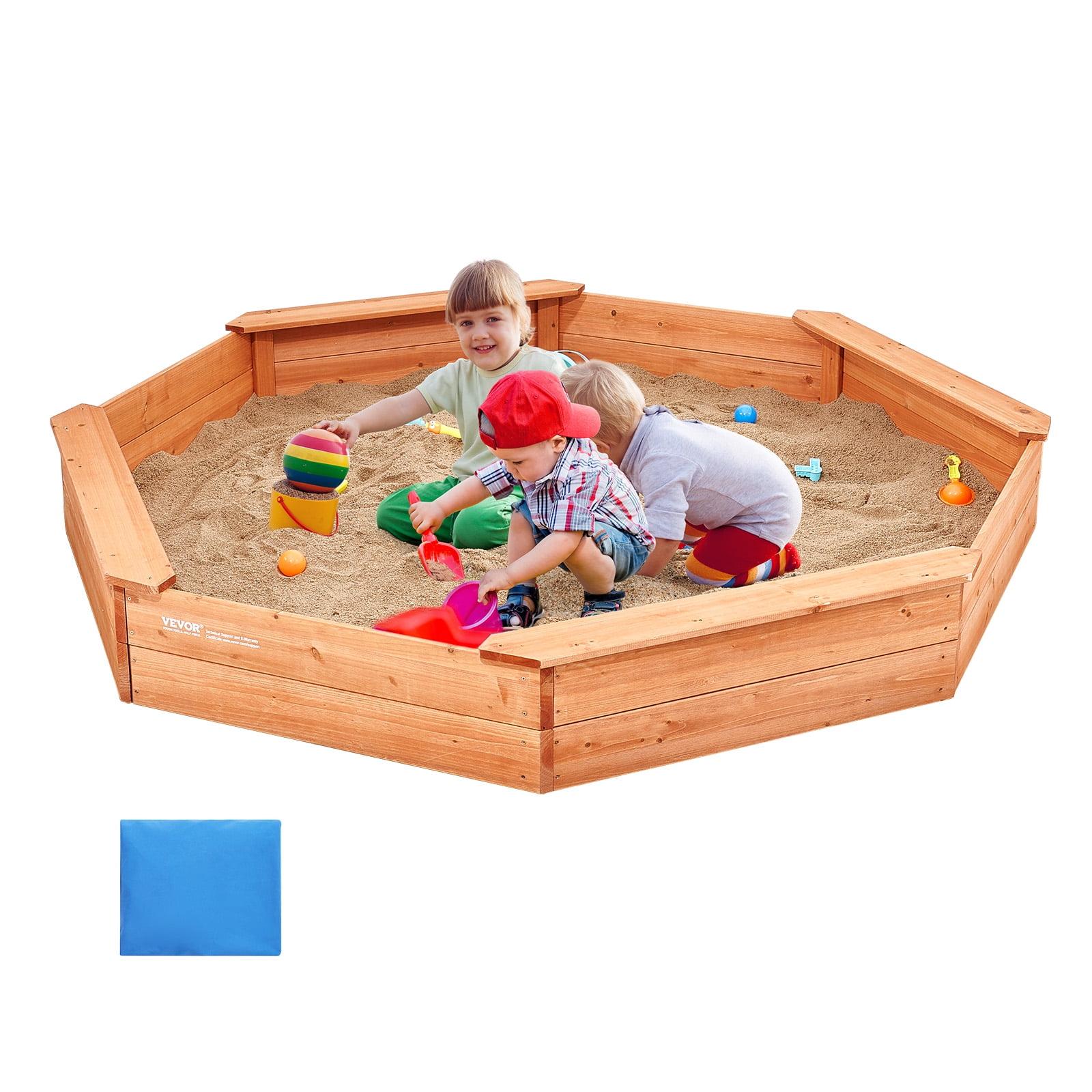 VEVOR Wooden Sandbox with Cover, 75.6 x 75.6 x 9.1 in Octagonal Sand Box, Sand Pit with 4 Seating and Bottom Liner
