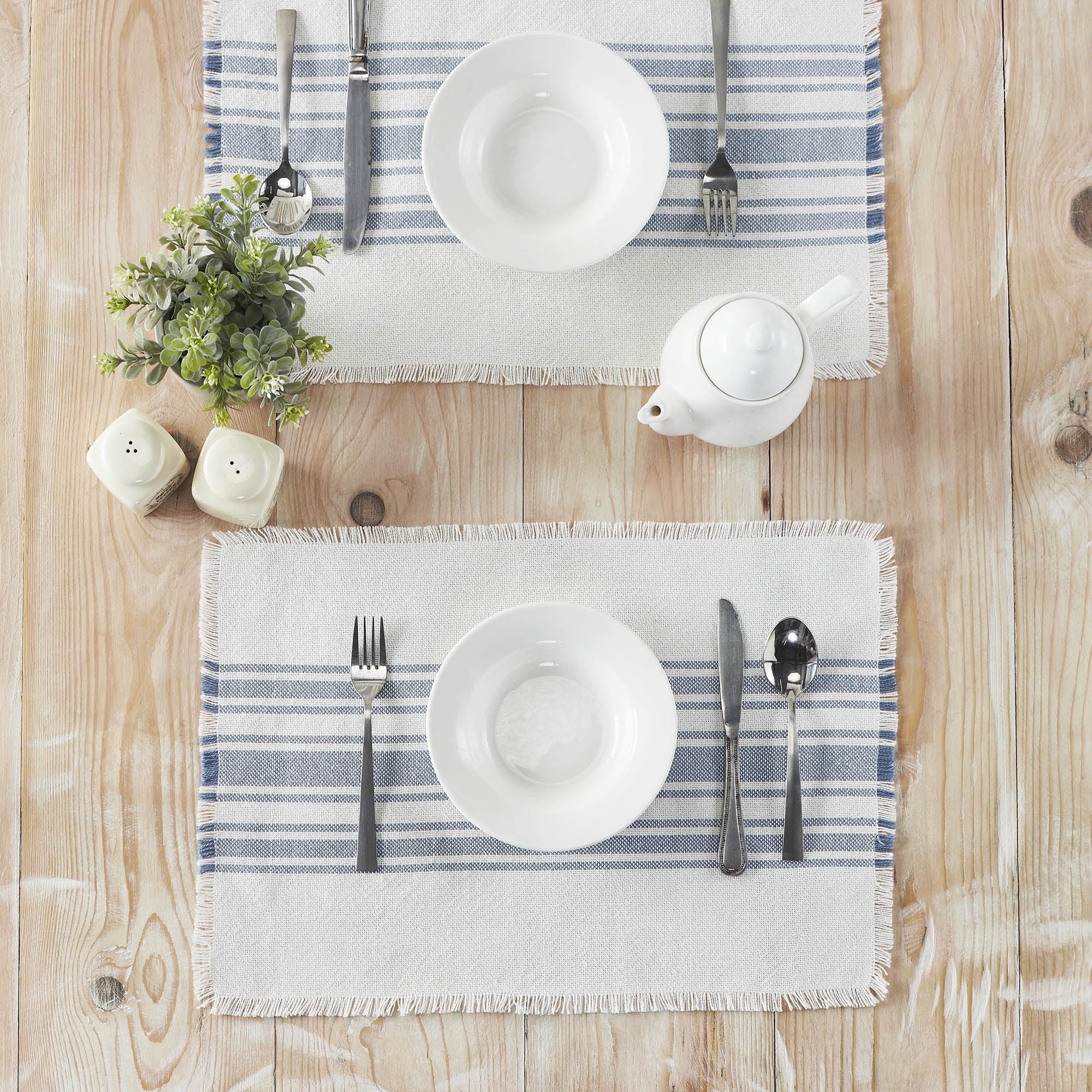VHC Brands Antique White Stripe Farmhouse 13"x19" Placemat Set of 6 Blue Recycled Plastic (PET) Striped Water-Resistant Oval Kitchen Table Decor