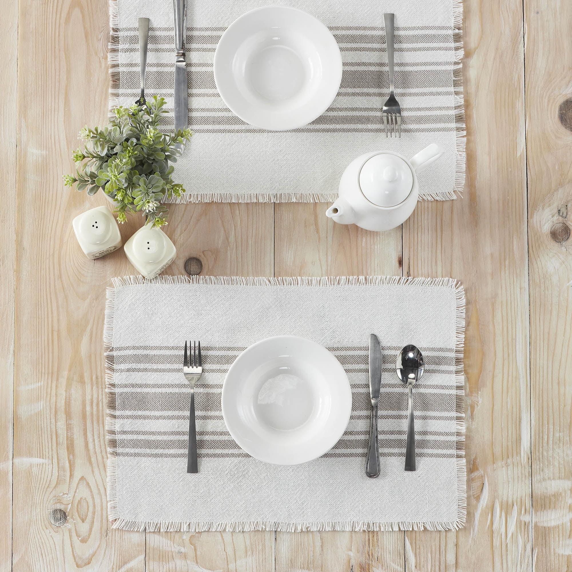 VHC Brands Antique White Stripe Farmhouse 13"x19" Placemat Set of 6 Grey Recycled Plastic (PET) Striped Water-Resistant Oval Kitchen Table Decor