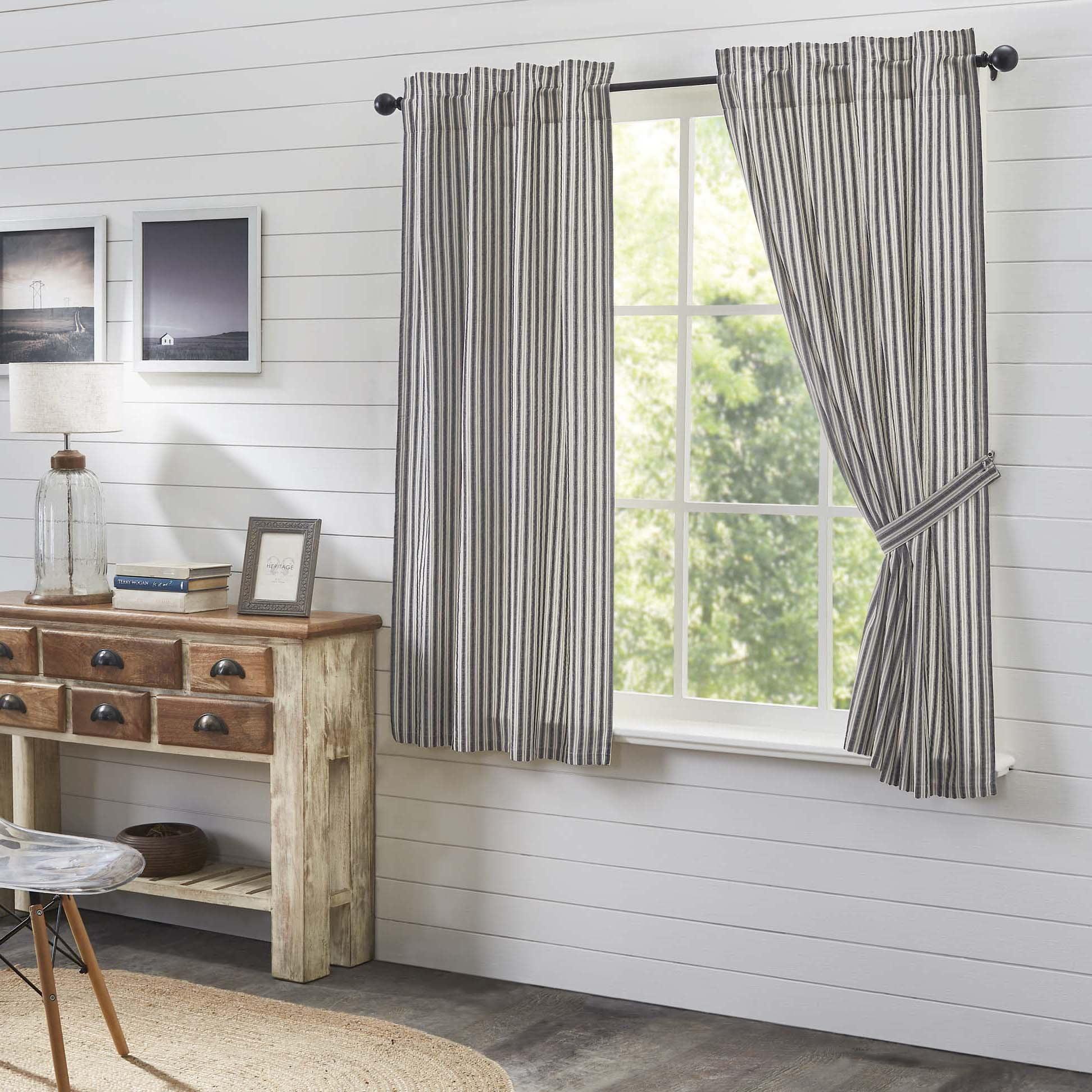 Ashlynn Cotton Gray Ticking Stripe Short Panel Curtains