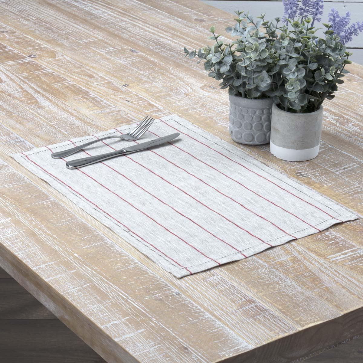 VHC Brands Charley Striped Linen Farmhouse Tabletop Kitchen Placemat Set of 6, Set 12x18, Red