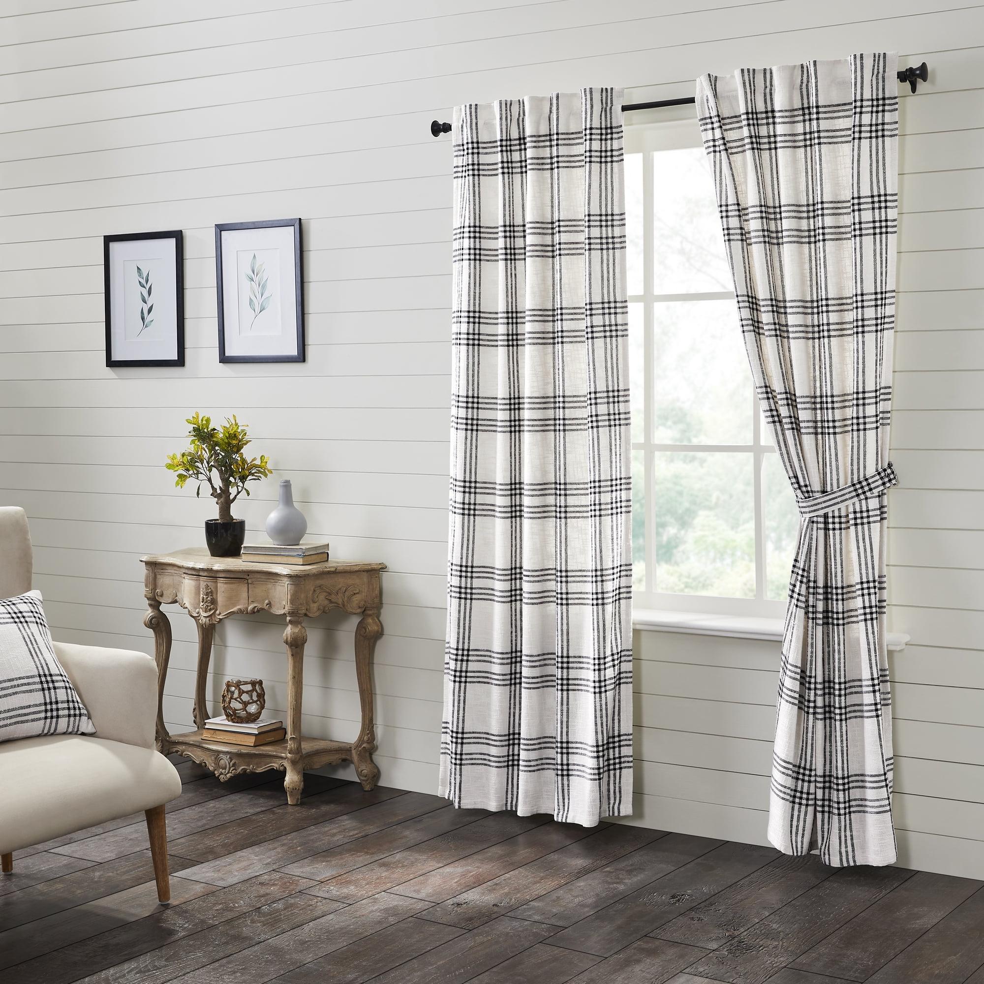 Extended White and Black Plaid Cotton Drapes, Set of 2