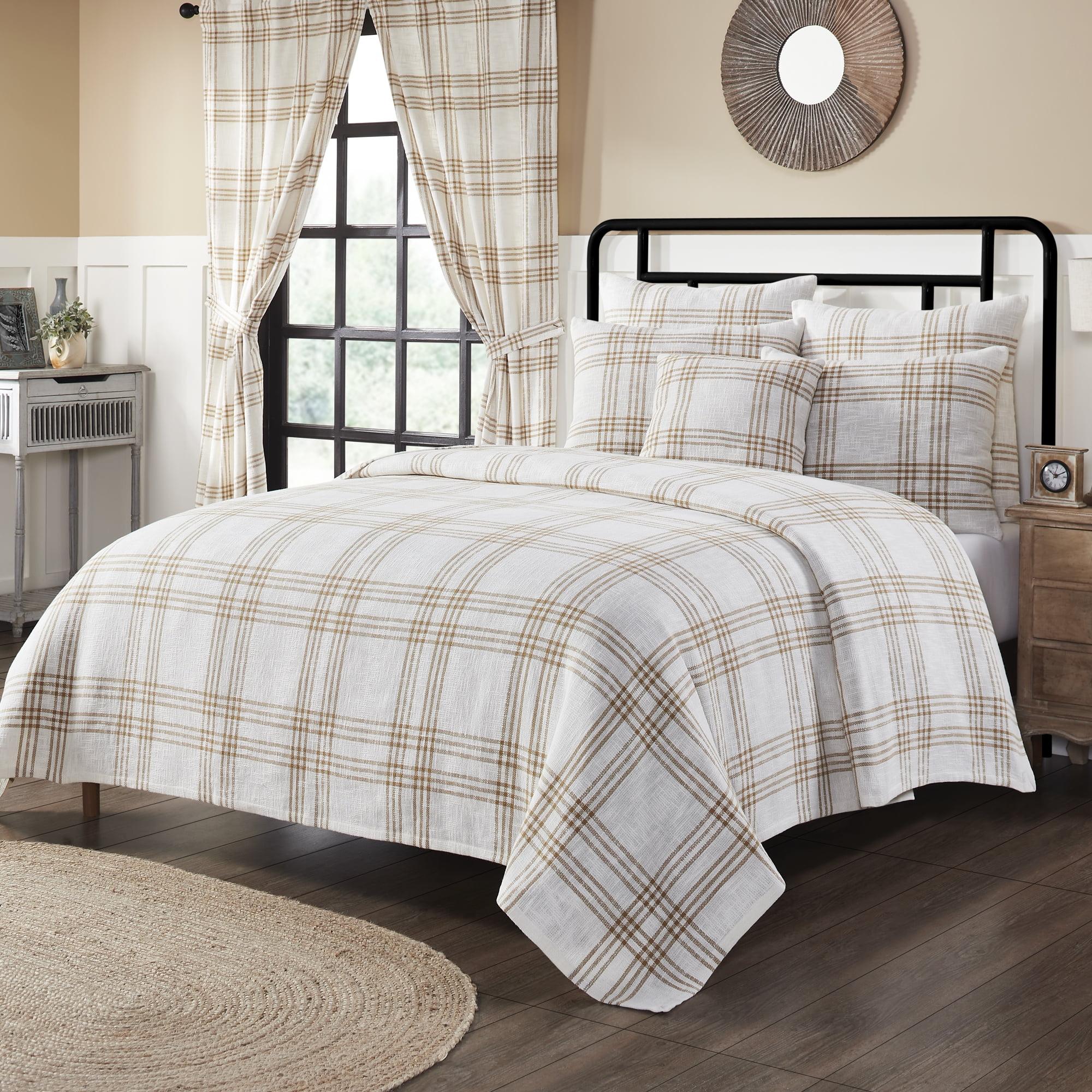 White and Tan Cotton Plaid Reversible Queen Bedspread Set