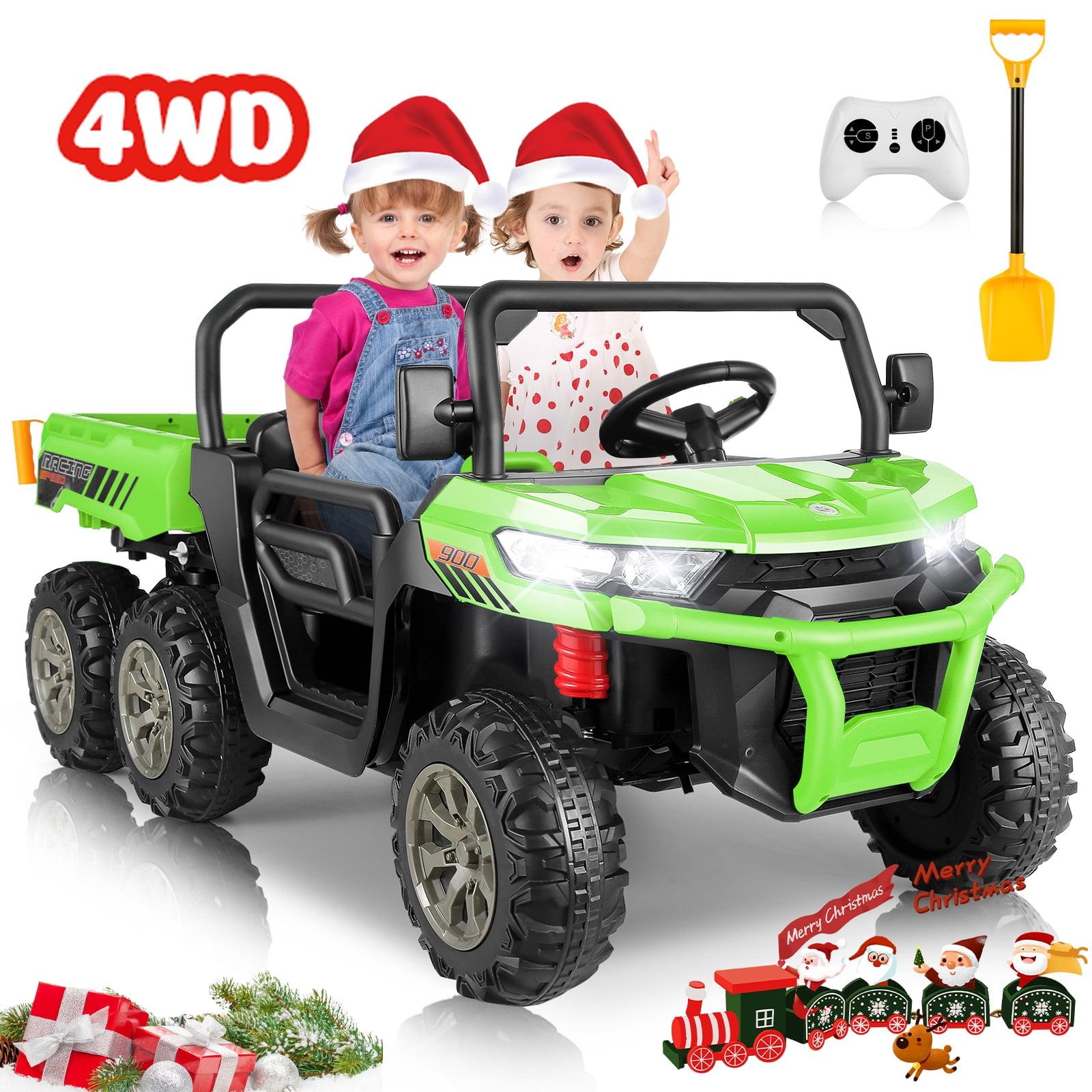 24V Ride on Toys with Remote Control, 2 Seater Electric Powered Ride on Dump Truck , 4WD 6-Wheel UTV Car w/ Tipping Bucket Trailer, Shovel, Suspension, Bluetooth Music, Big Kids, Green